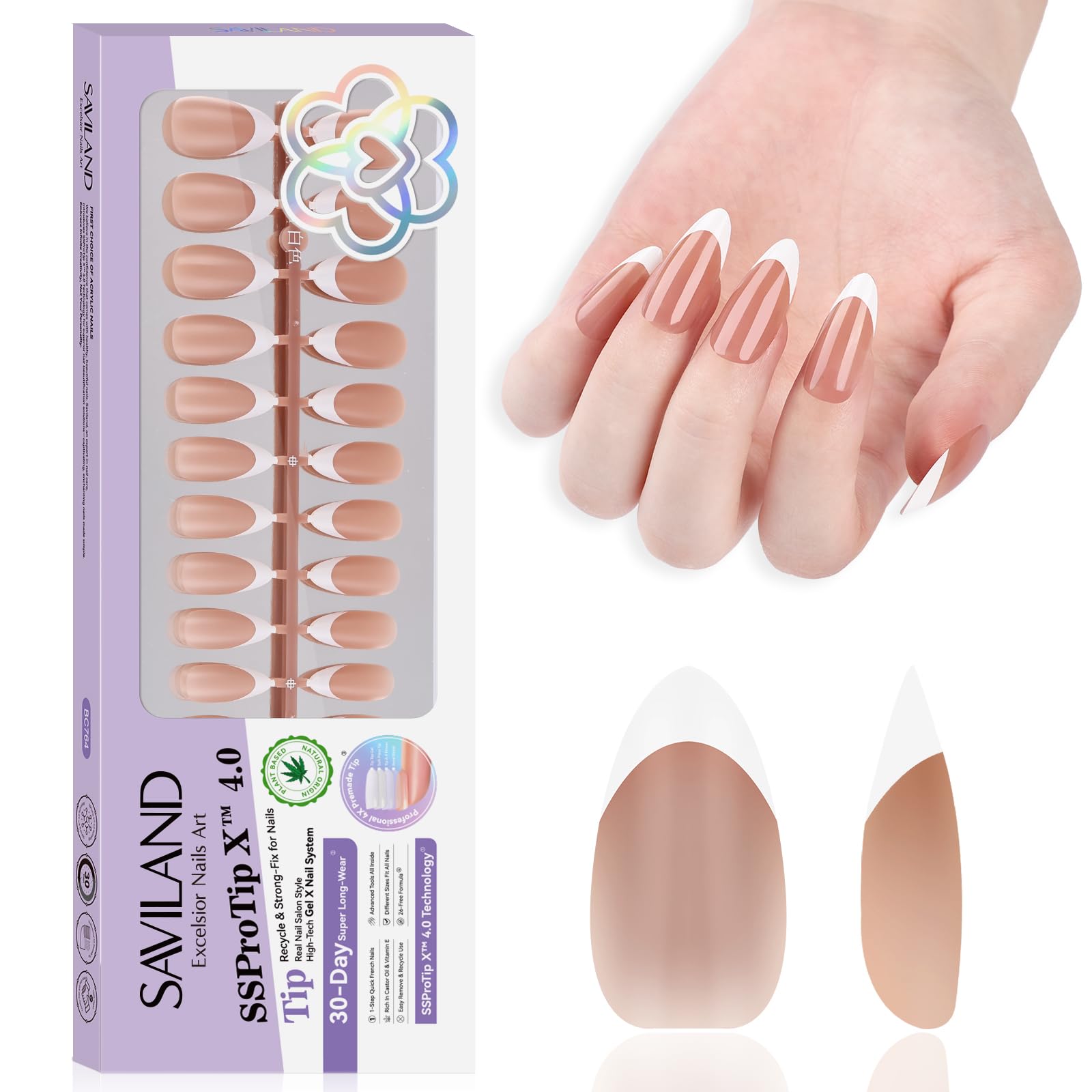 SAVILAND Press On Nails French Tip: 4-In-1 French Gel Nail Tips Pre-Building Medium Almond French Press On Nails 15 Sizes Full Cover Tips for Nails Soak Off Acrylic Fake Nails Extensions Nail Art DIY