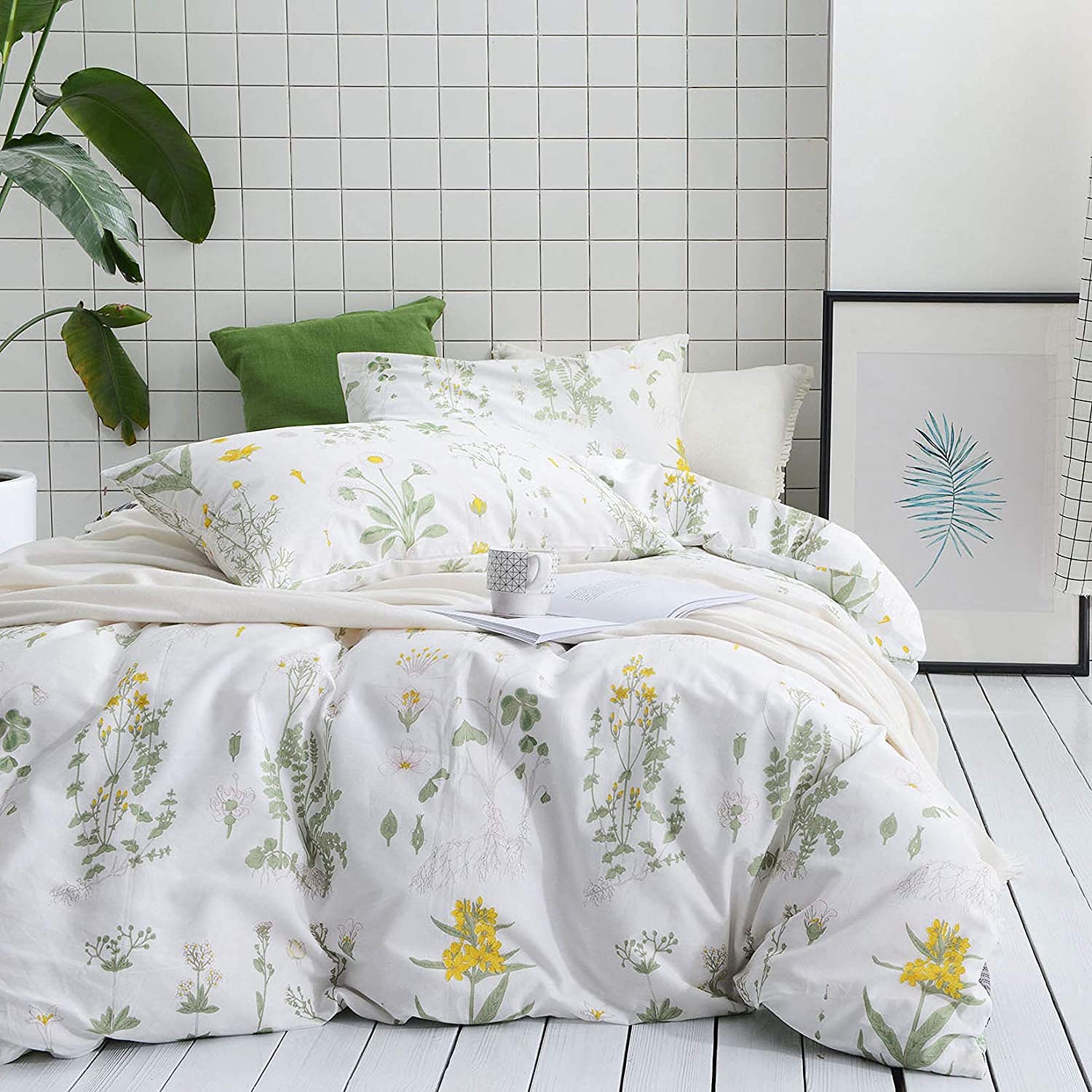 Lanqinglv Botanical Duvet Cover Set Single Green White Leaves Floral Tropical Girls Bedding Set Elegant Microfiber Quilt Cover 135x200cm Zipper Closure and Pillowcase 50x75cm,Easy to Clean