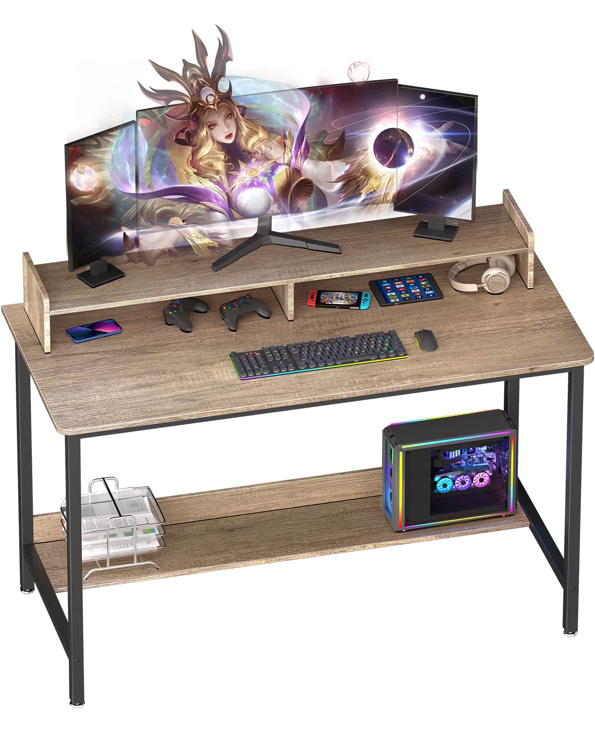 WOODYNLUX Computer Desk with Shelves, 32 Inch Gaming Writing Desk, Study PC Table Workstation with Storage for Home Office, Living Room, Bedroom, Metal Frame, Grey