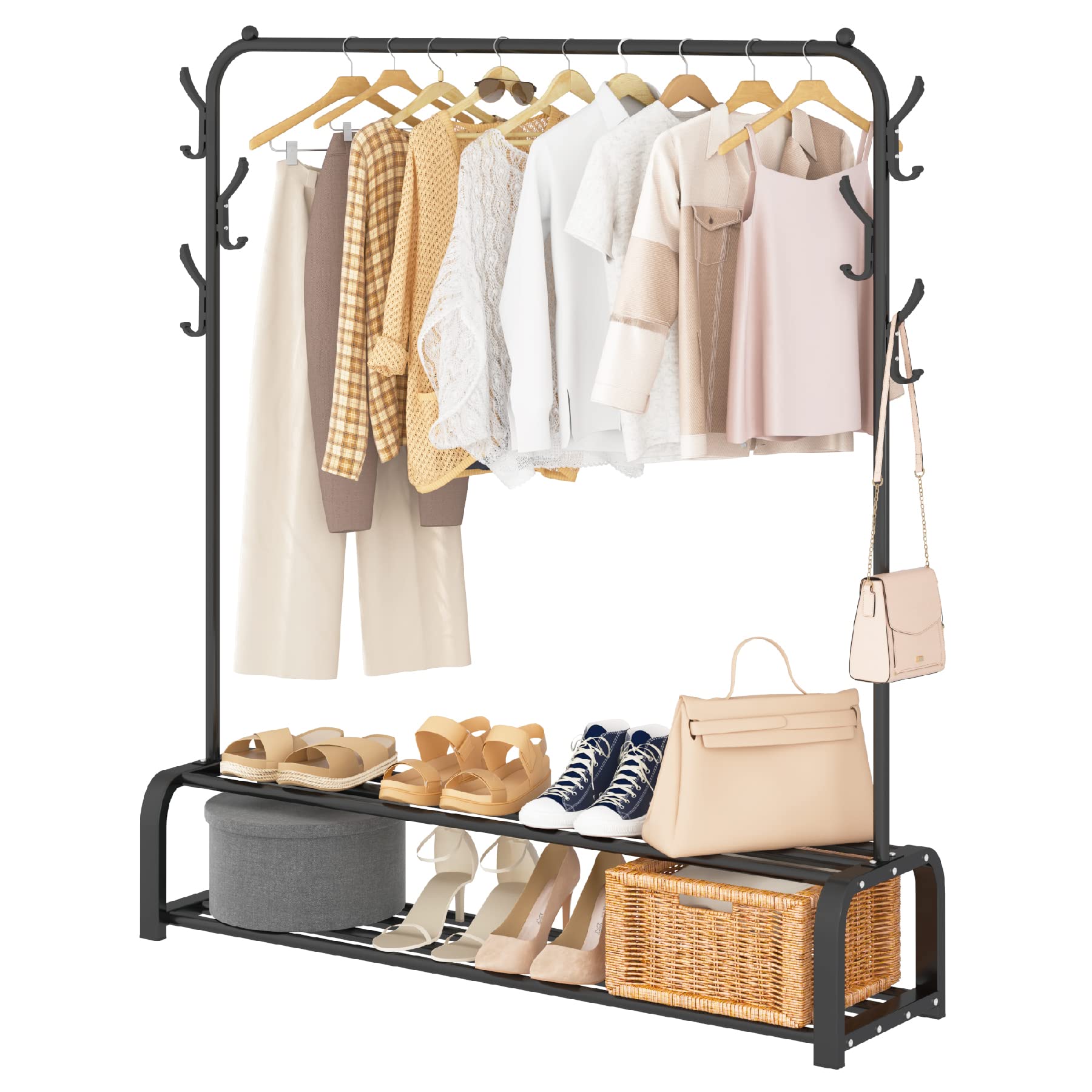 UDEARGarment Rack Free-standing Clothes Rack with Top Rod,Lower Storage and 6 Hooks,Black