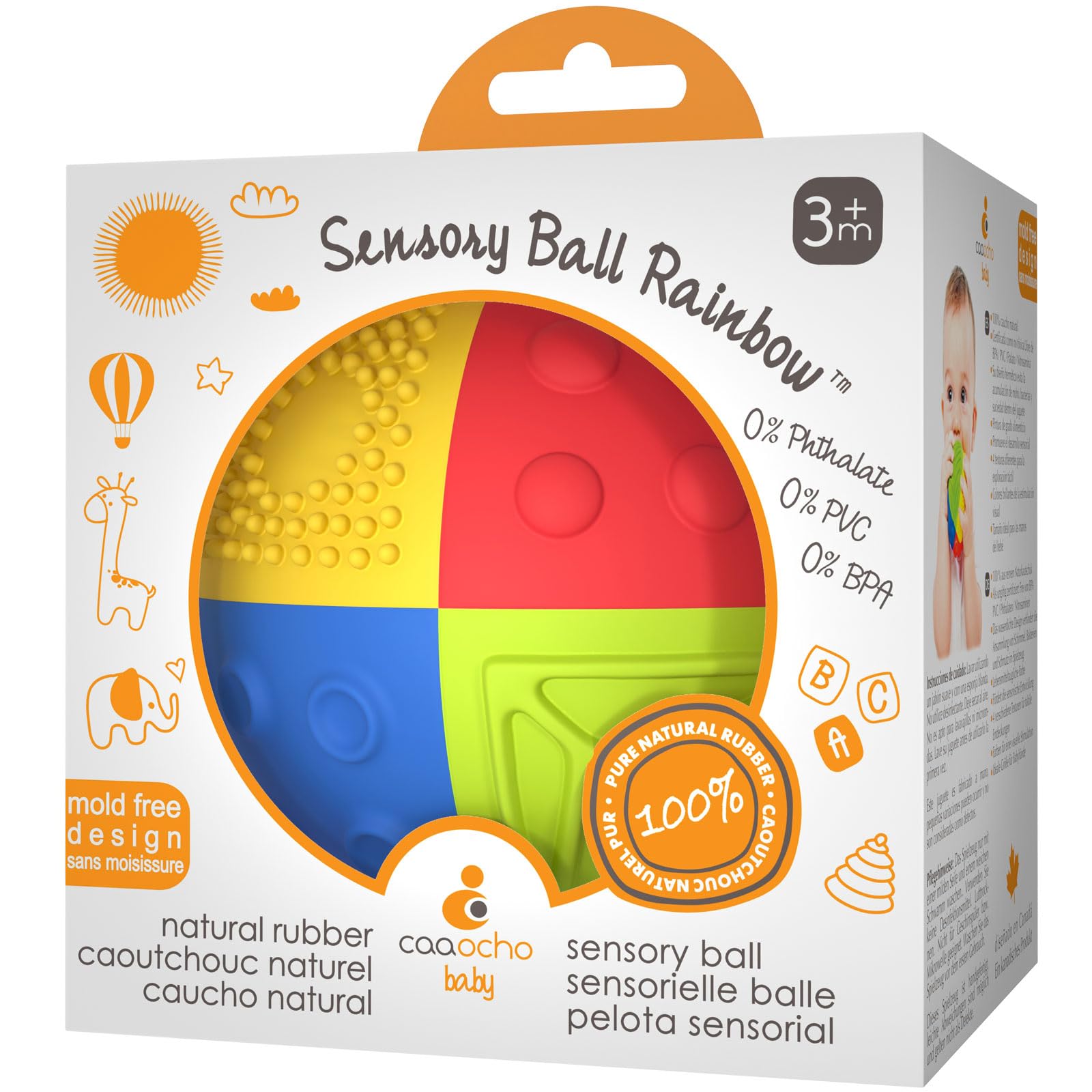 caaocho Pure Natural Rubber Sensory Ball Rainbow 3" - Sealed Hole, BPA Free Baby Ball Toy, for Sensory Play, for Sensory Development, Hole Free Baby Toy, Perfect Bouncer, Without Hole