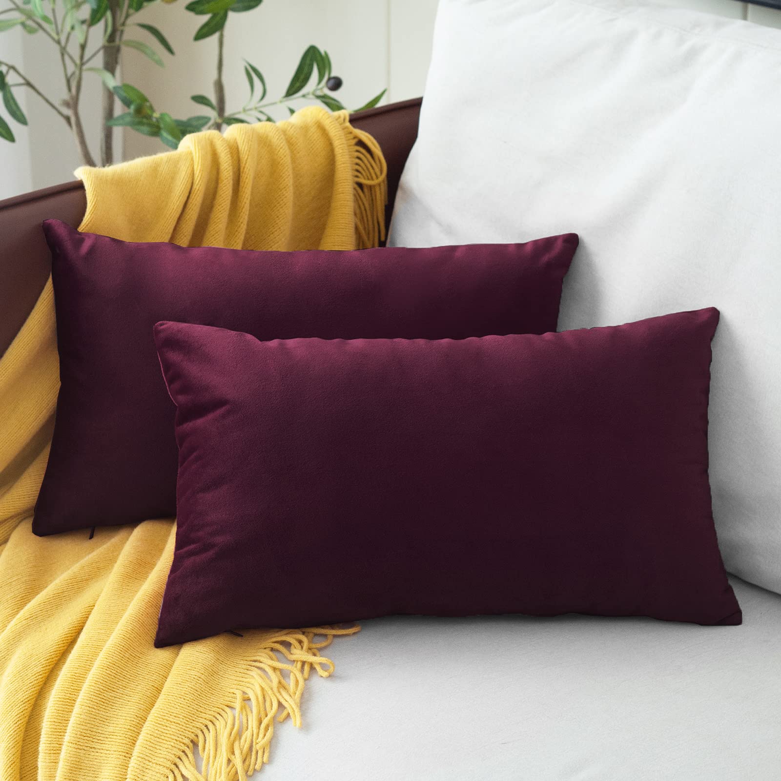 MUDILY Pack of 2 Soft Velvet Decorative Back Protect Oblong Throw Pillow Covers Rectangle Cushion Case Decor Handmade Pillowcases for Sofa Chair Bed Bench Bedroom Car, Plum 12 x 20 Inch 30 x 50 cm