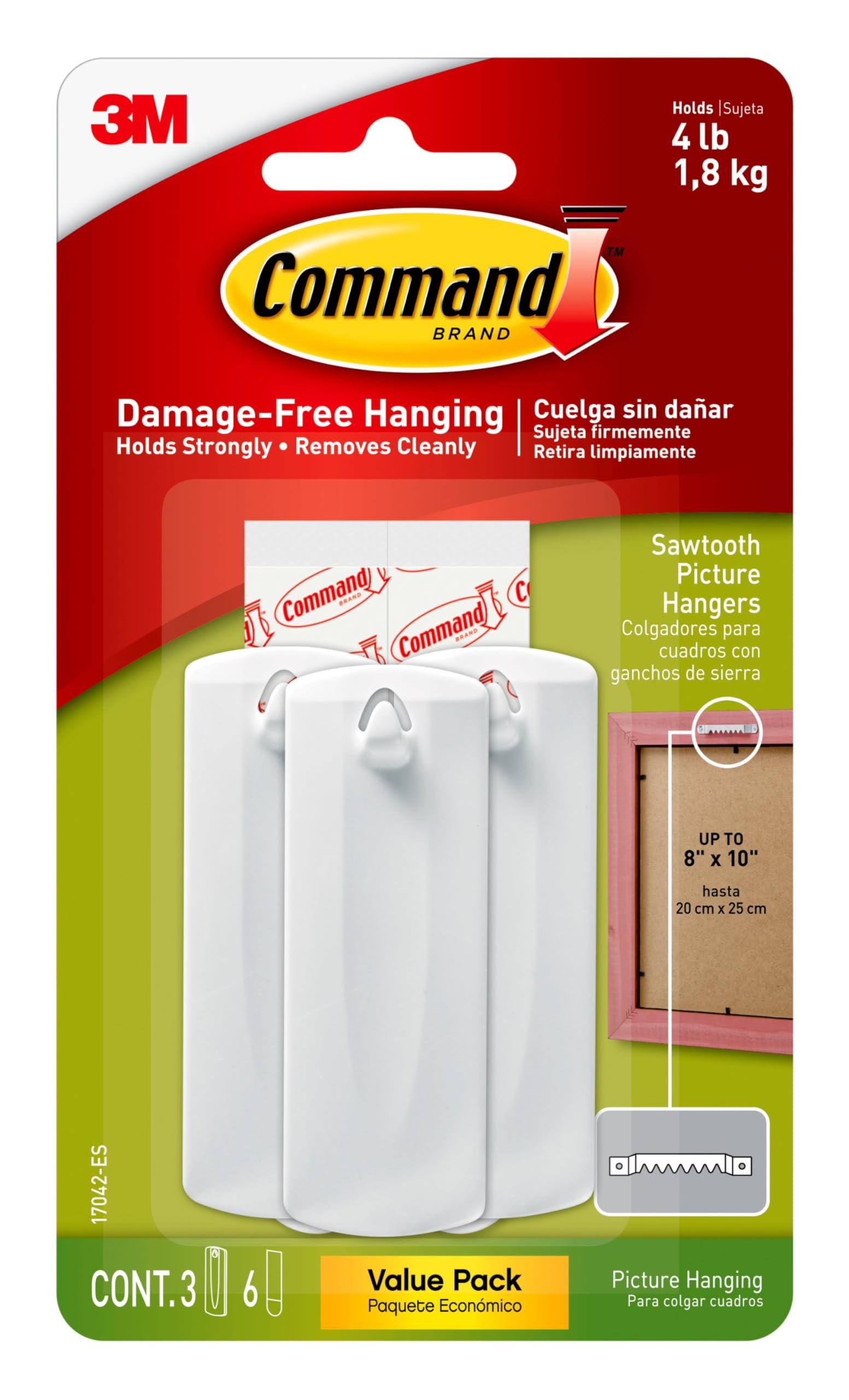 Command Wire-Back Sawtooth Frame Hangers, Holds up to 5 lbs, 3 Singulars Hangers, 6 strips, Decorate Damage-Free