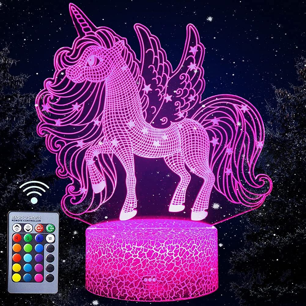 Unicorn Night Light for Kids, Unicorn Gift for Girls, 3D Illusion Lamp 16 Colors Changing with Remote, Birthday Christmas Gift for Girls Children