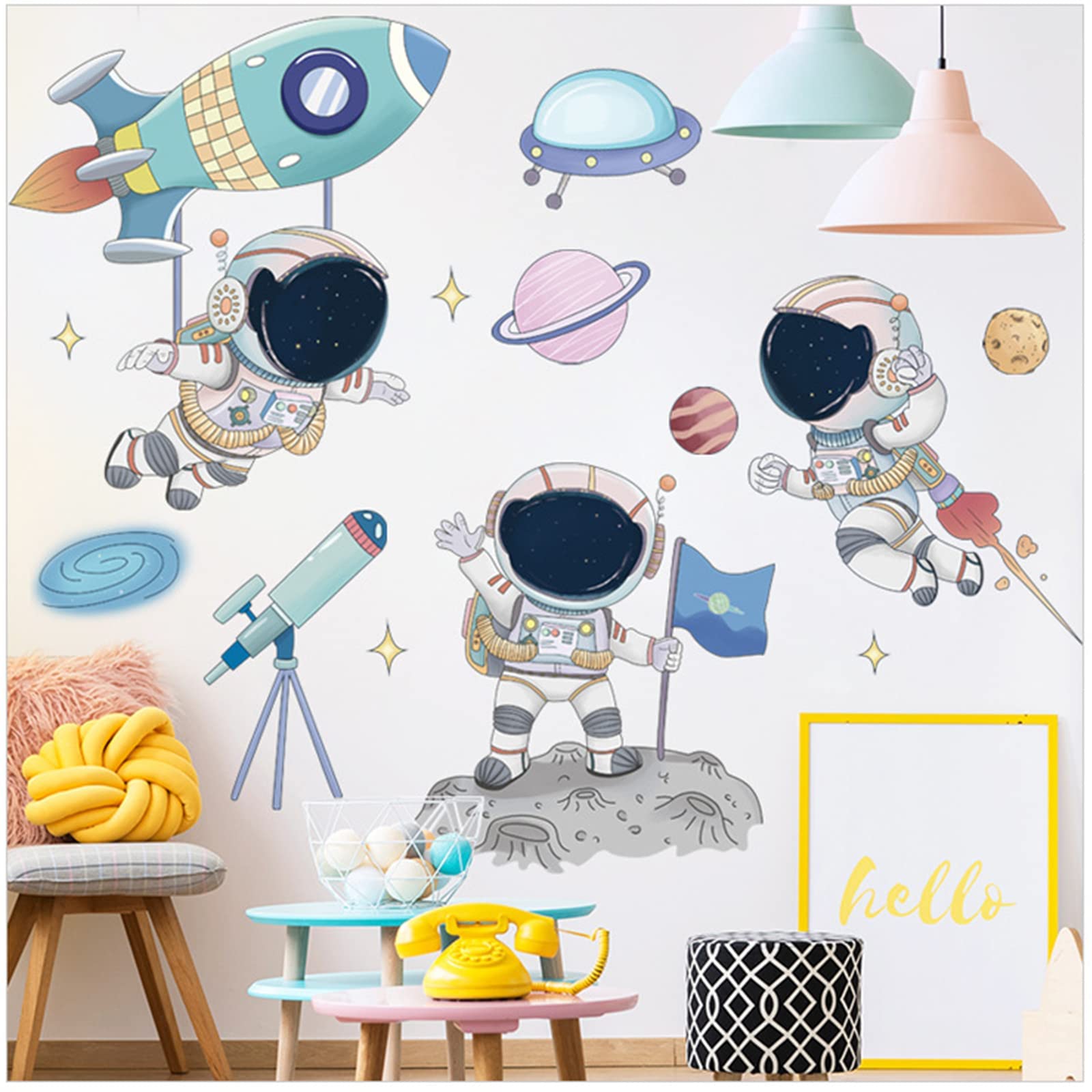 TERRIFI Astronaut Wall Stickers, Outer Space Stars Wall Decals, DIY Removable Large Wall Art Decoration, Peel and Stick, for Kids Baby Boys Girls Playroom Bedroom Decor