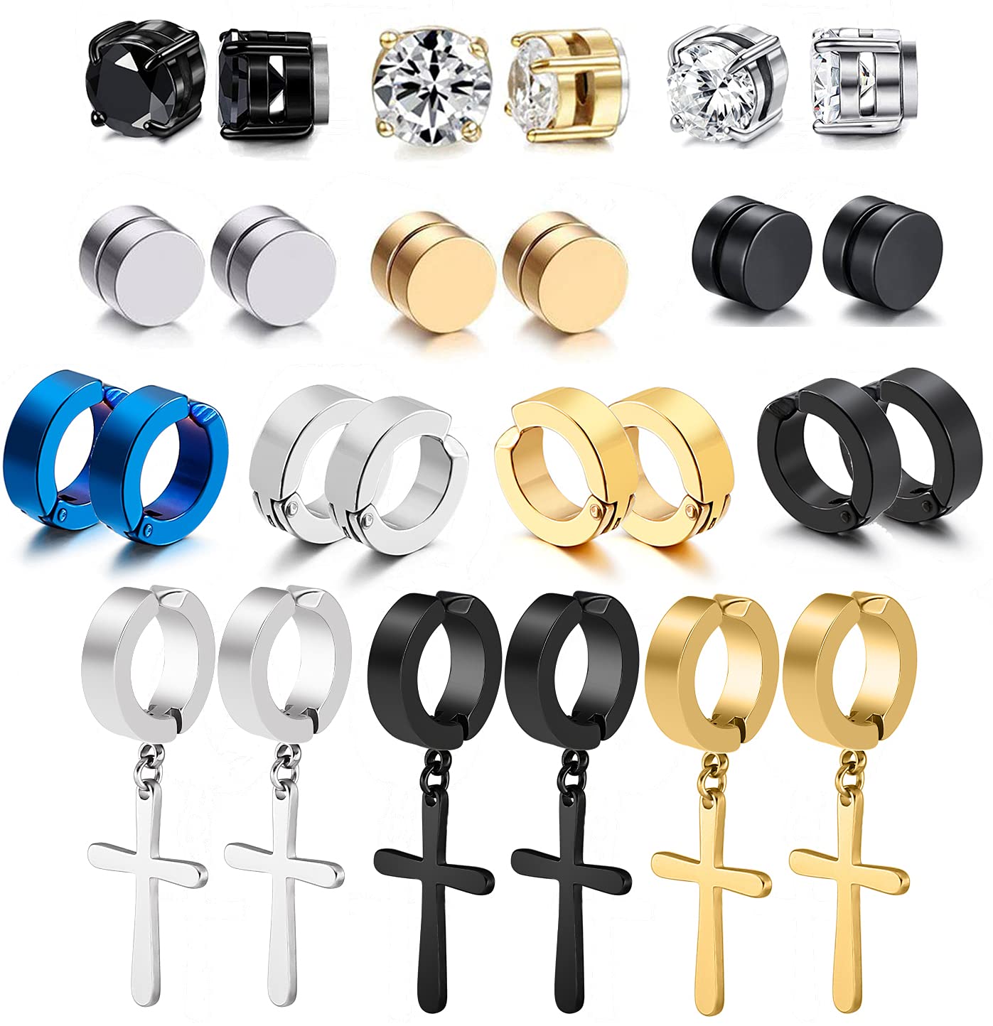 13 Pairs Stainless Steel Non Pierced Earrings for Men Women CZ Clip on Dangle Earrings Set