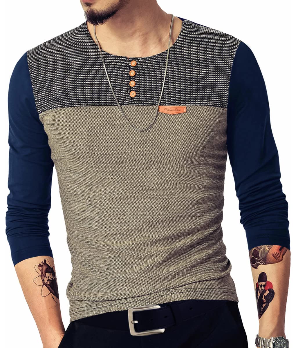 LOGEEYARMens Slim Fitted Casual Short/Long-Sleeve Button T-Shirts Contrast Color Stitching Tee