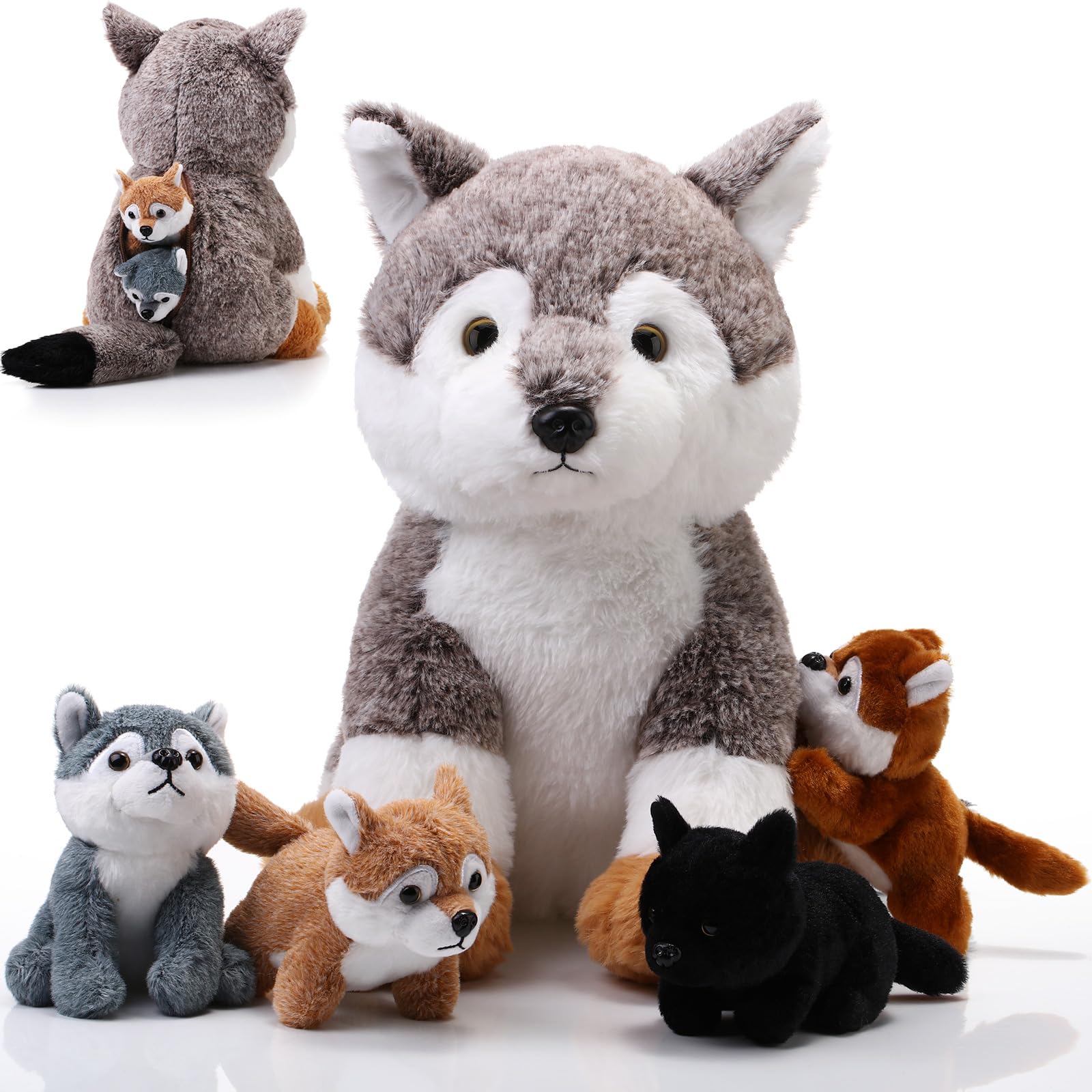 Lenwen 5 Pcs Wolf Stuffed Animal Bulk 1 Mommy Wolf Plush with 4 Cute Babies Wolf Plush Wild Stuffed Animal Toy for Boys Girls Birders Zoo Gifts