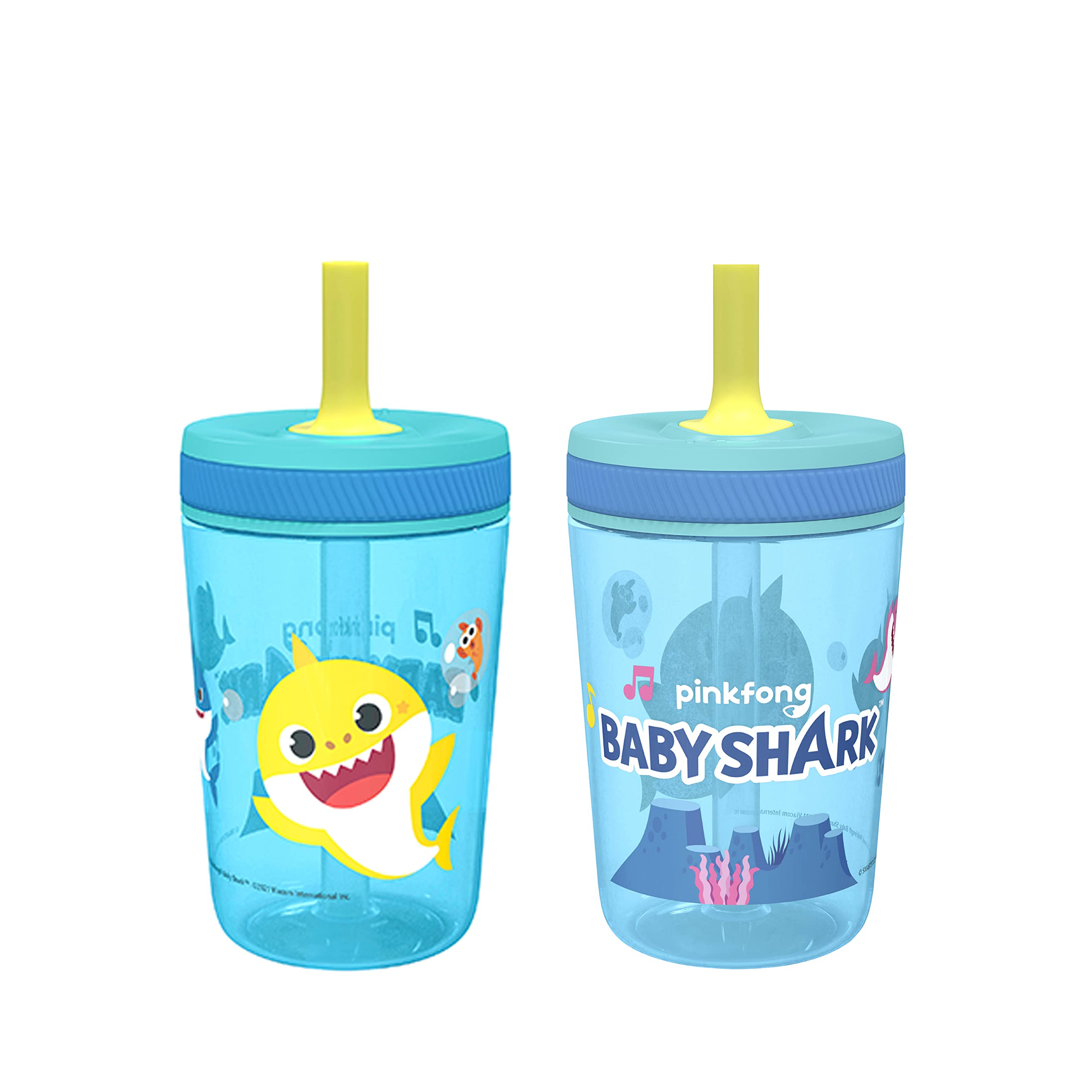 Zak Designs 15oz Baby Shark Kelso Tumbler Set, BPA-Free Leak-Proof Screw-On Lid with Straw Made of Durable Plastic and Silicone, Perfect Bundle for Kids (2pcs Set)