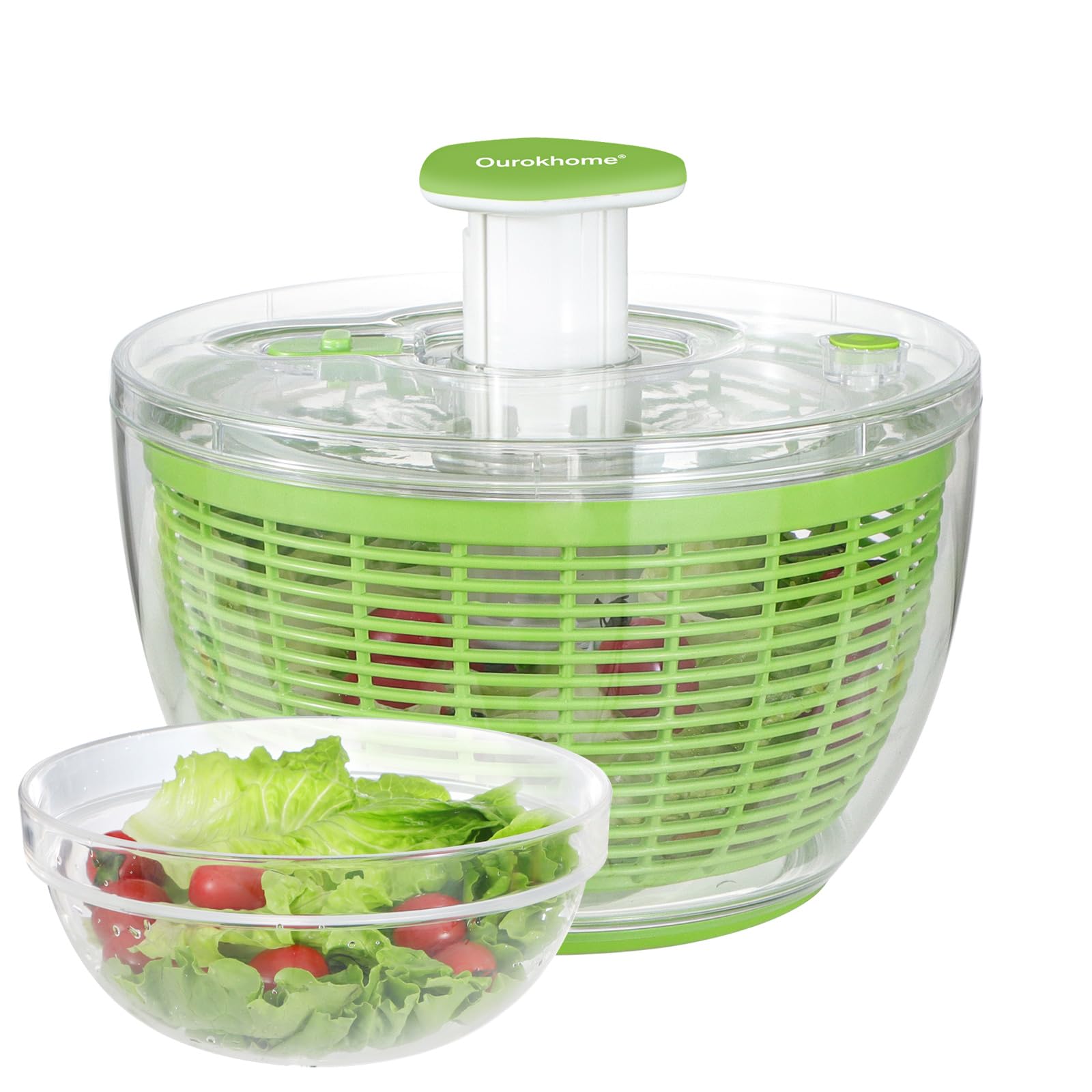 Ourokhome Salad Spinner with Salad Bowl, One-handed Large Lettuce Dryer Kitchen Gadgets with Break Button and Retractable Handle, Easy Press Vegetable Washer Mixer for Greens, Fruits, 6.3 QT (Green)