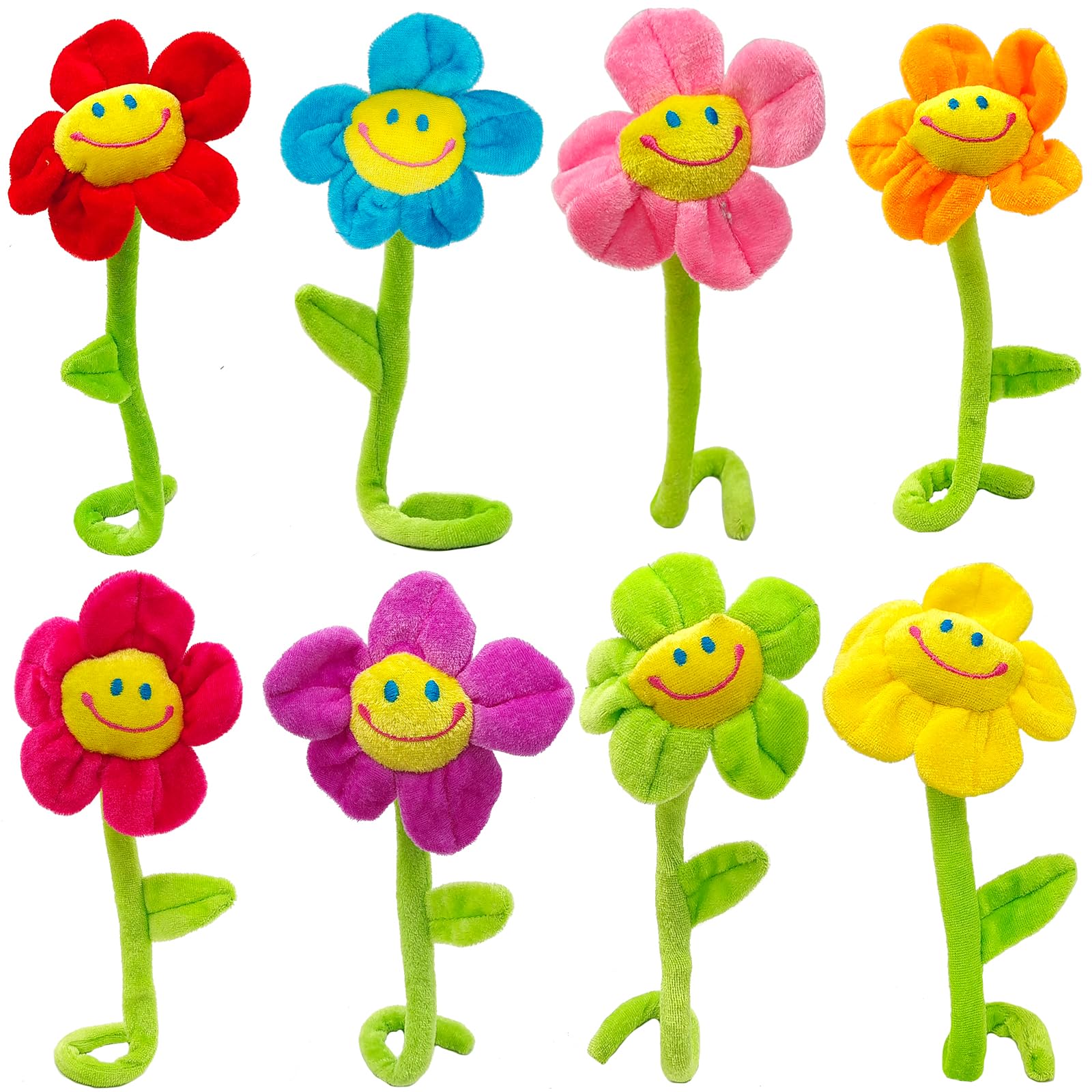 KWAGOCAR 8 Pack Artificial Plush Flower Bendable Curtain Buckle Tiebacks Cute Sun Flower Big Smile Face Flower Plush Colorful Daisy Flower with Bendable Stems Bouquet Gift for Kids Baby Girl Toddlers