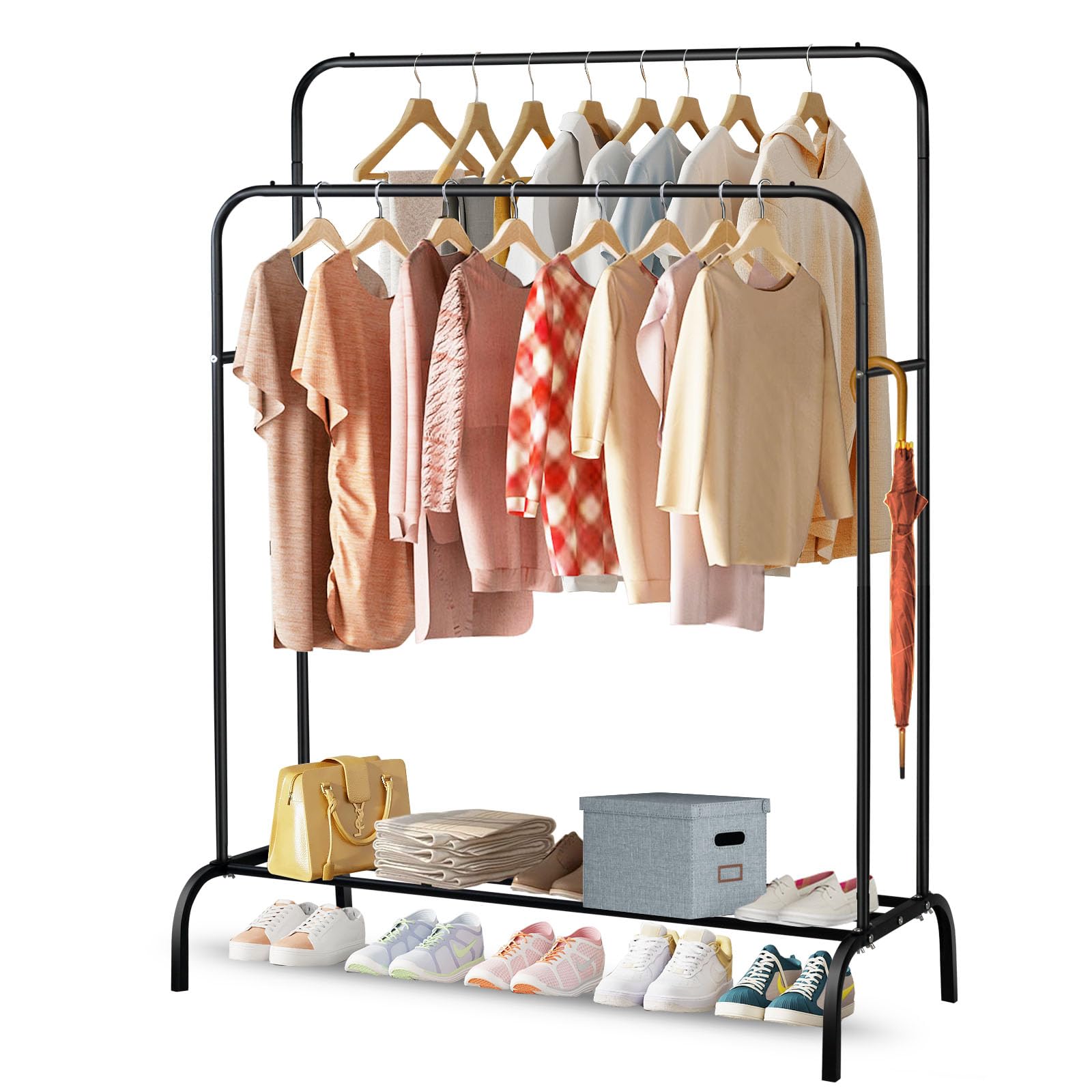 SKY-TOUCH Double-Rail Clothes Rack｜Multifunctional Heavy-duty Clothes Rack｜Metal Freestanding Clothes Rail Garment｜with Lower Storage Shelf｜Hanging Rack Organizer for Bedroom｜Black 110.5 * 50 * 152cm