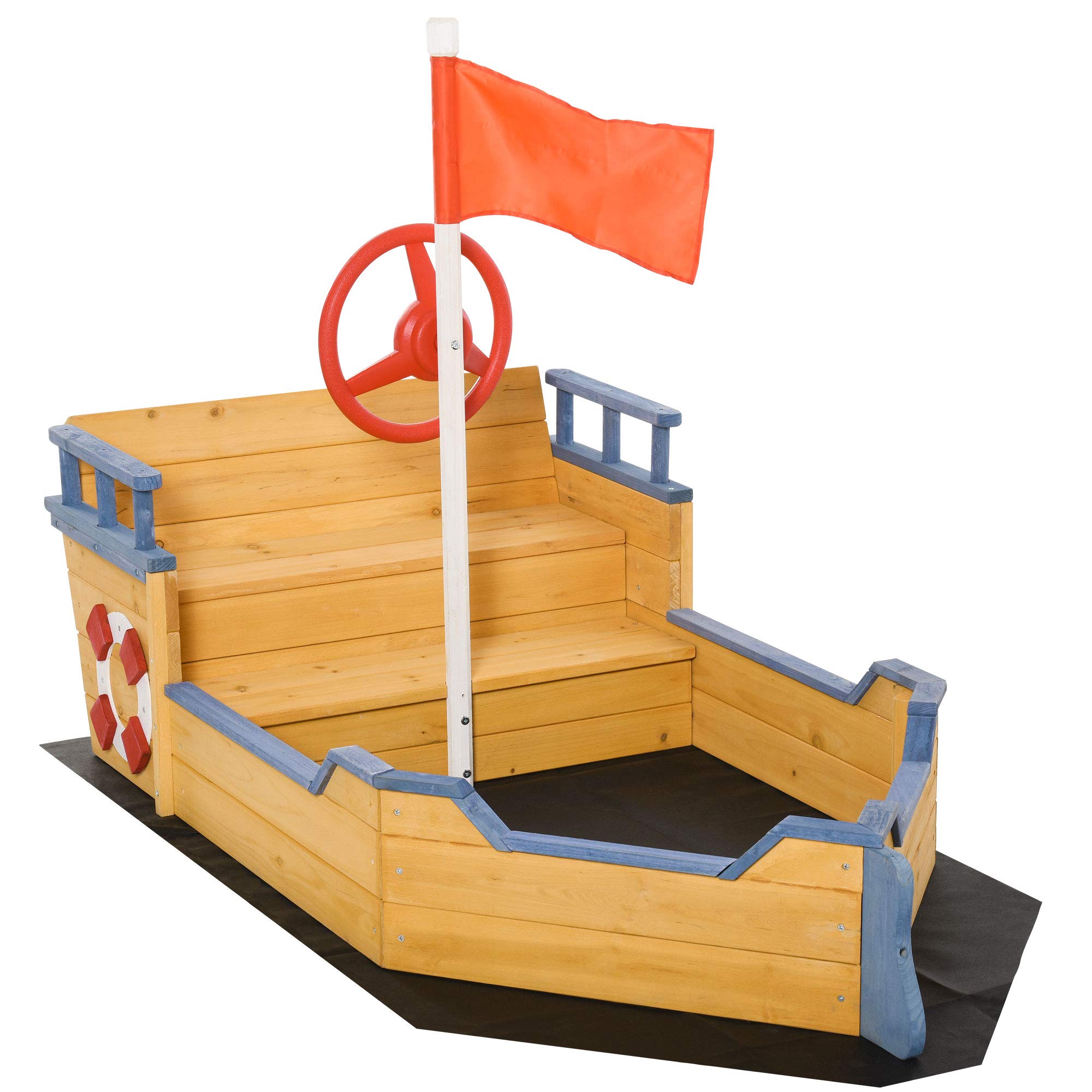 Outsunny Wooden Kids Pirate Sandbox, Outdoor Sandboat with Bench Seats, Storage, Non-Woven Fabric Cloth for Backyard, Lawn