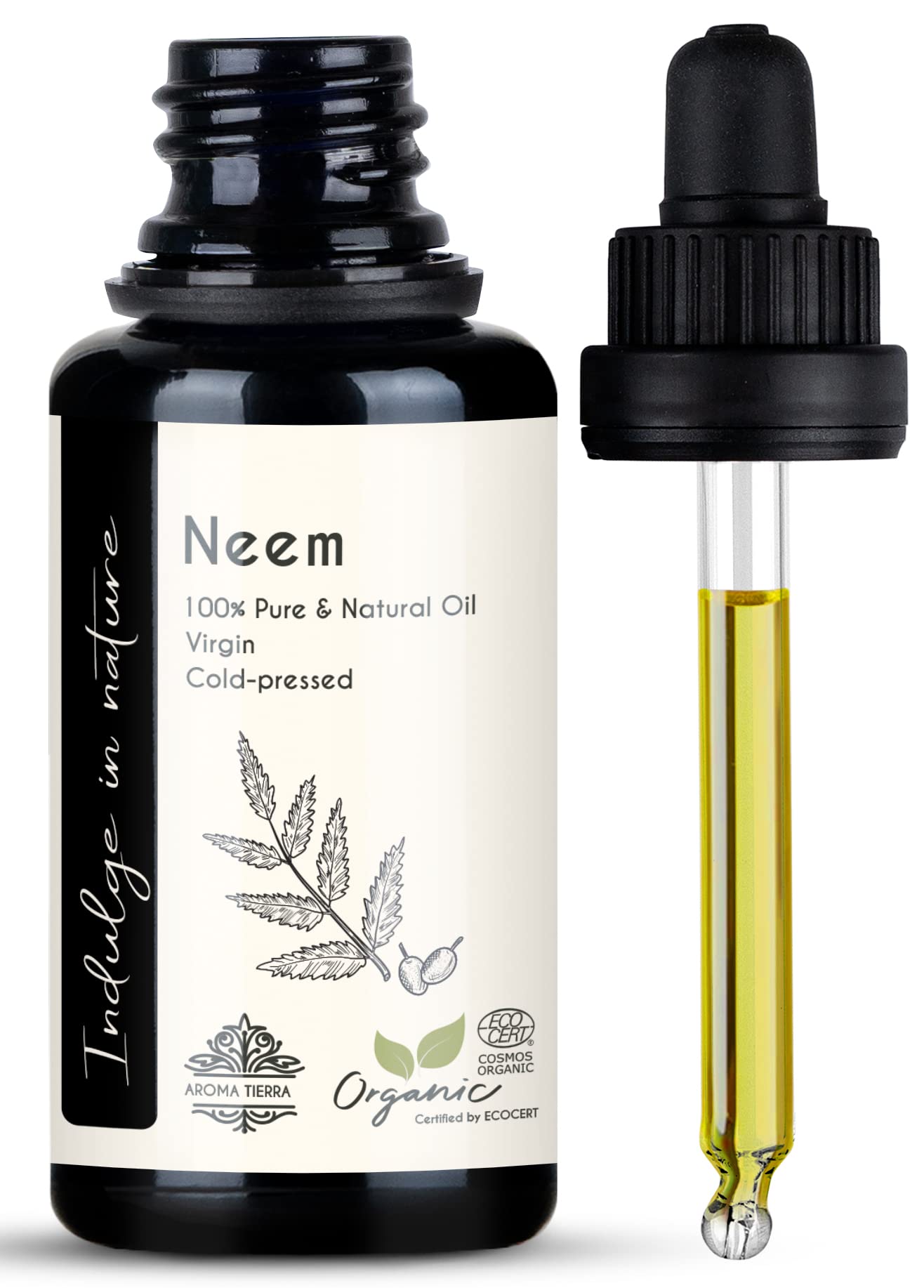 Aroma Tierra Neem Oil - 100% Pure Organic Cold Pressed - For Hair Growth, Skin, Face, Baby, Plants Spray & Dogs