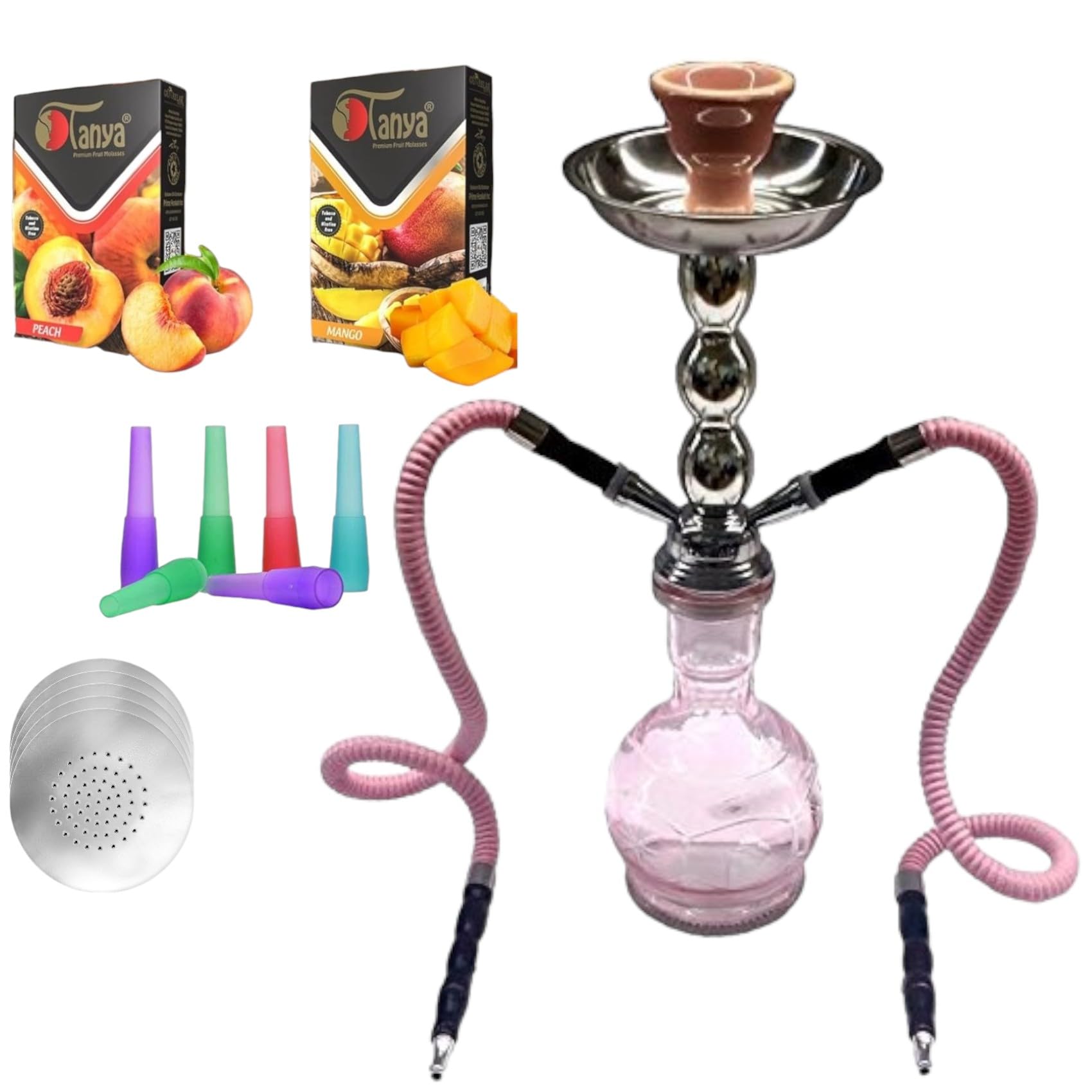 Starter Series Pack: 18" 2 Hose Hookah Combo Kit Set w/Instant Charcoal (Like Three Kings Charcoal), Tanya Molasses(Like Blue Mist), and Hookah Mouth (Yellow