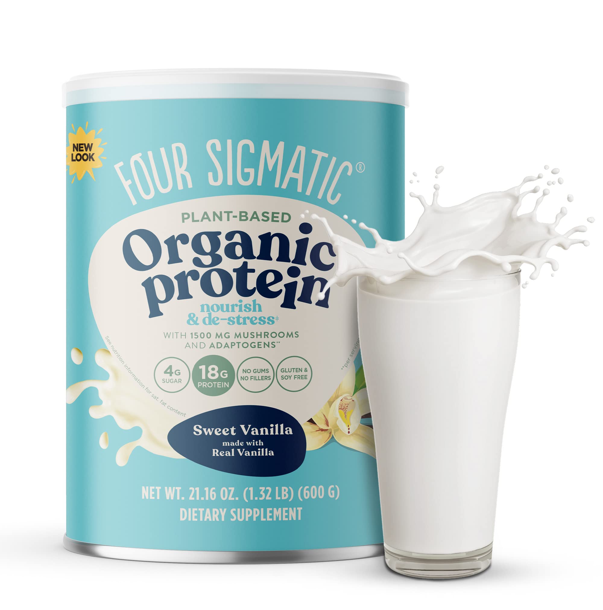 Four SigmaticOrganic Vegan Protein Powder | 18g Plant-Based Protein per Serving | Gluten Free, Dairy Free, Soy Free, Non-GMO with No Filler Ingredients | 21.16oz, 15 Servings | Sweet Vanilla