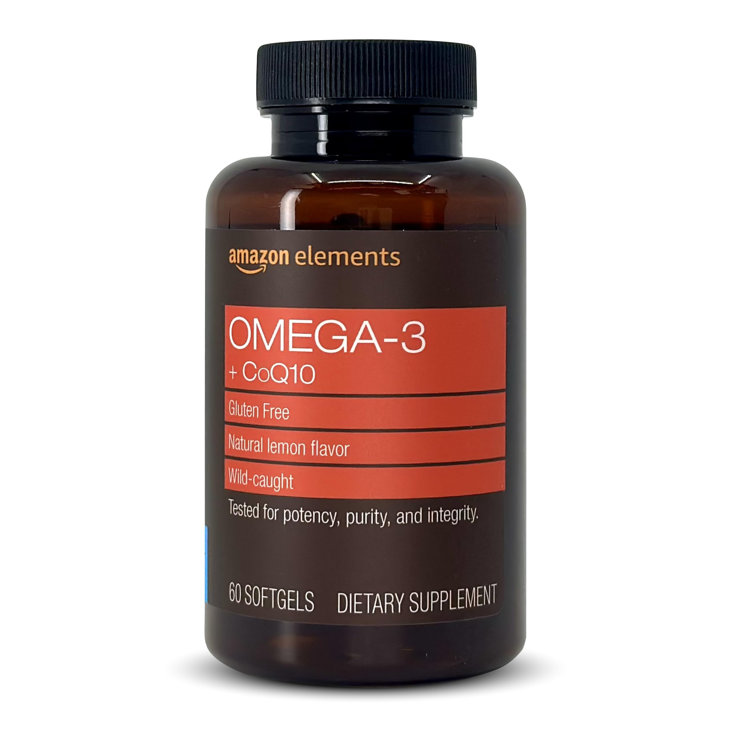 Amazon Elements Omega 3 Wild-caught Fish Oil + CoQ10 with Natural Lemon Flavor, EPA & DHA Omega-3 fatty acids, 60 Softgels (1250 mg Omega 3s and 100 mg CoQ10 per serving)