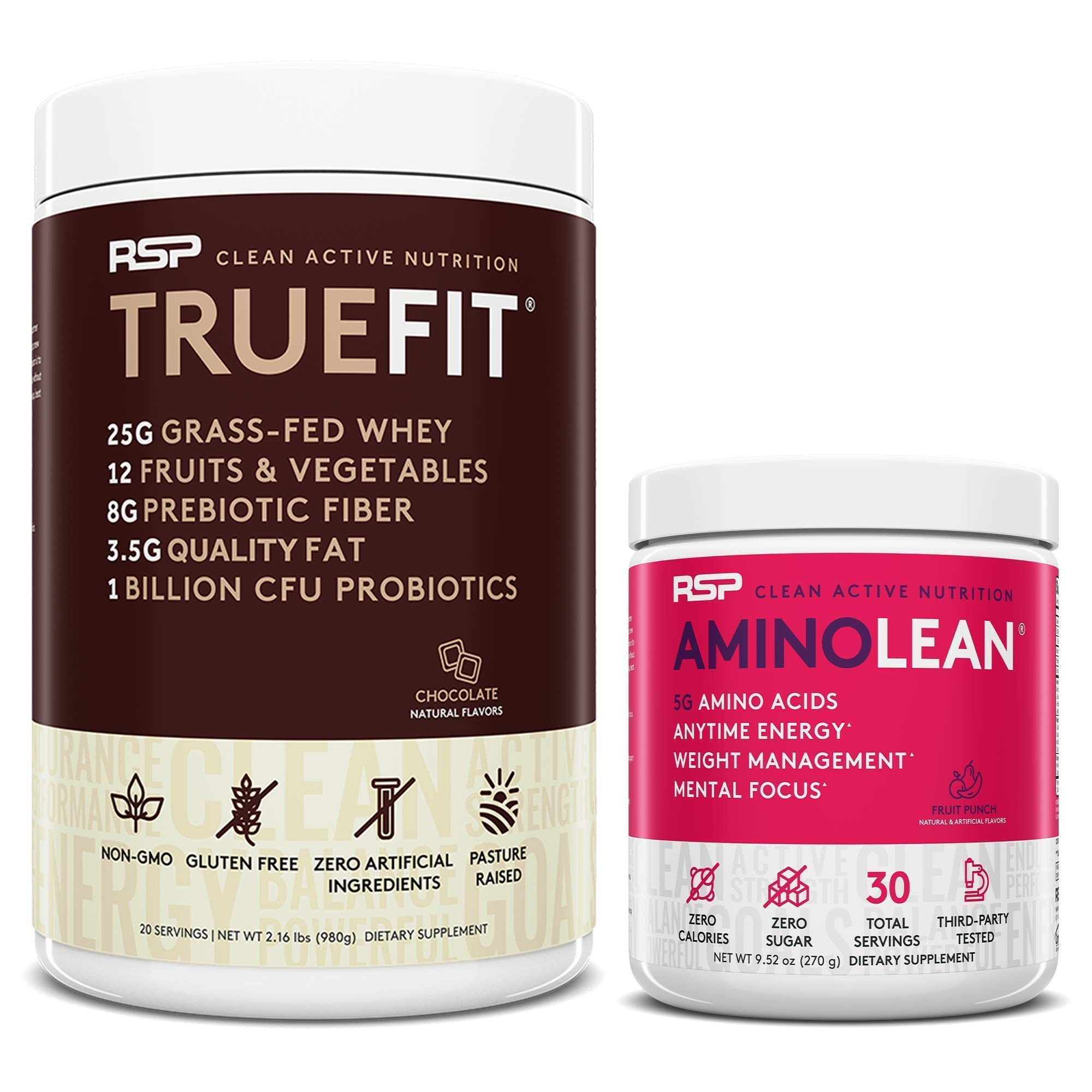 RSP NUTRITION AminoLean Pre Workout Energy (Fruit Punch 30 Servings) with TrueFit Protein Powder (Chocolate 2 LB)