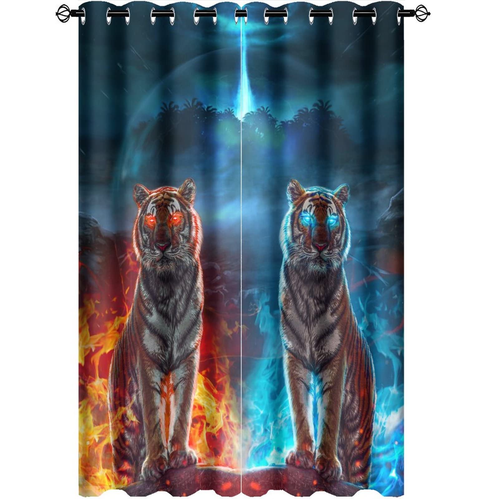 Kazynee Cool King of The Forest Anime Tiger Room Darkening Blackout Window Curtains with Grommets,Abstract Fantasy Animal Fire Ice Tiger Energy Efficient Window Treatment for Living Room 42x63in