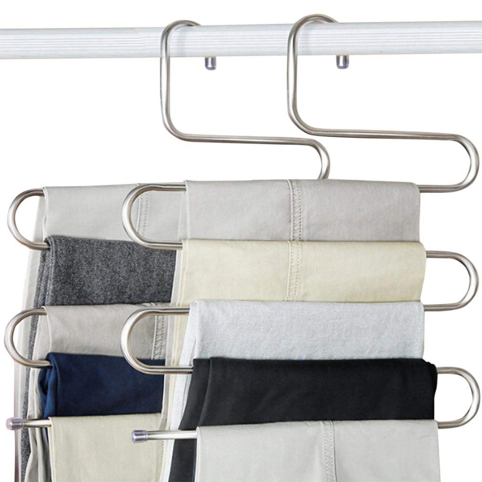 DS Pants Hangers S-Shape Trousers Hangers Stainless Steel Clothes Hangers Closet Space Saving Organizer for Pants Jeans Scarf Hanging Silver (4 Pack with 10 Clips)