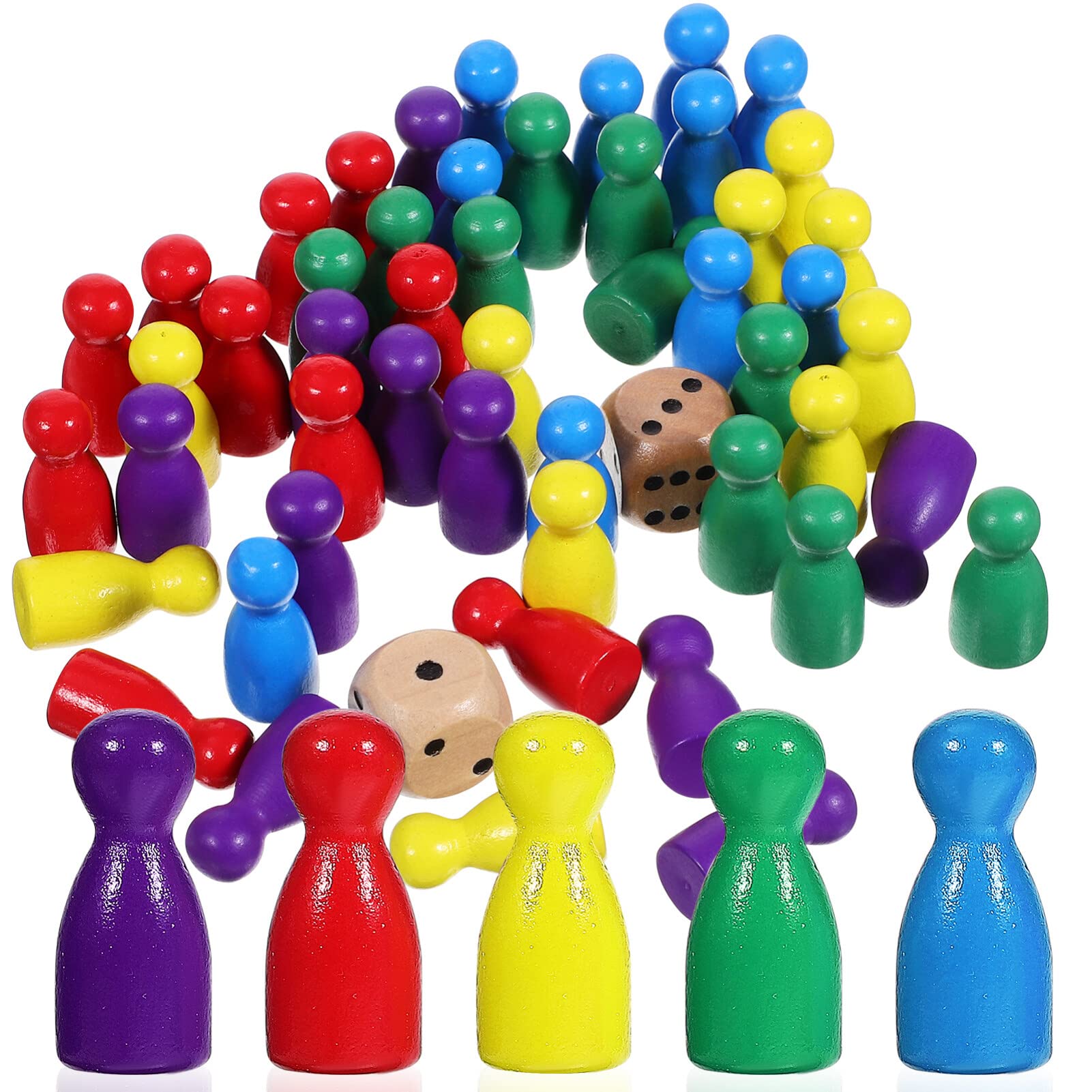 STOBOK 50 Pcs Multicolor Pawns Wooden Pawns Board Game Pieces Board Game Pawns with 2 Dice Tabletop Markers Chess Pieces for Board Games