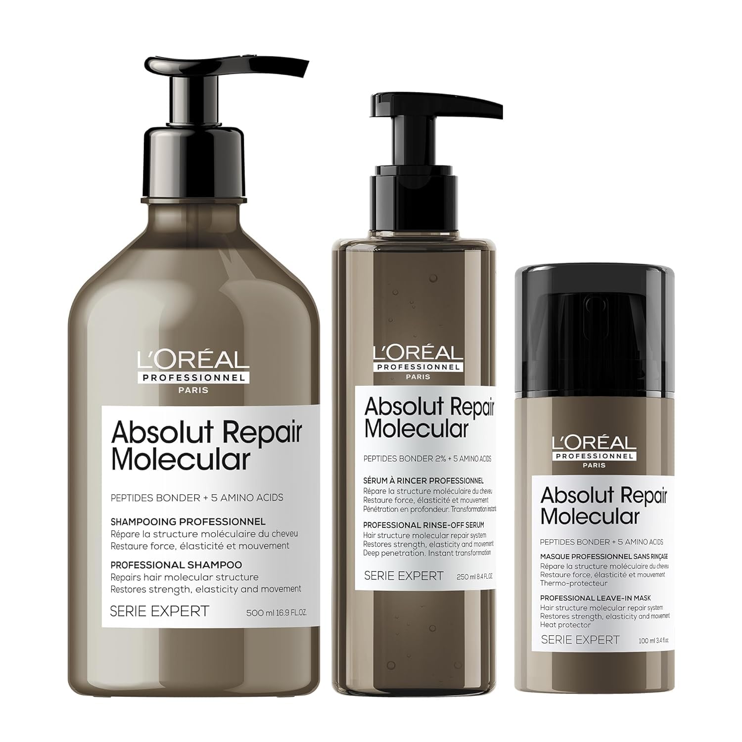 L'Oréal ProfessionnelAbsolut Repair Molecular Hair Care Set | Shampoo, Serum & Heat Protectant | For Extremely Dry Damaged Hair | Peptide Bonder | Amino Acids | Strengthening Bonds | Sulfate-Free