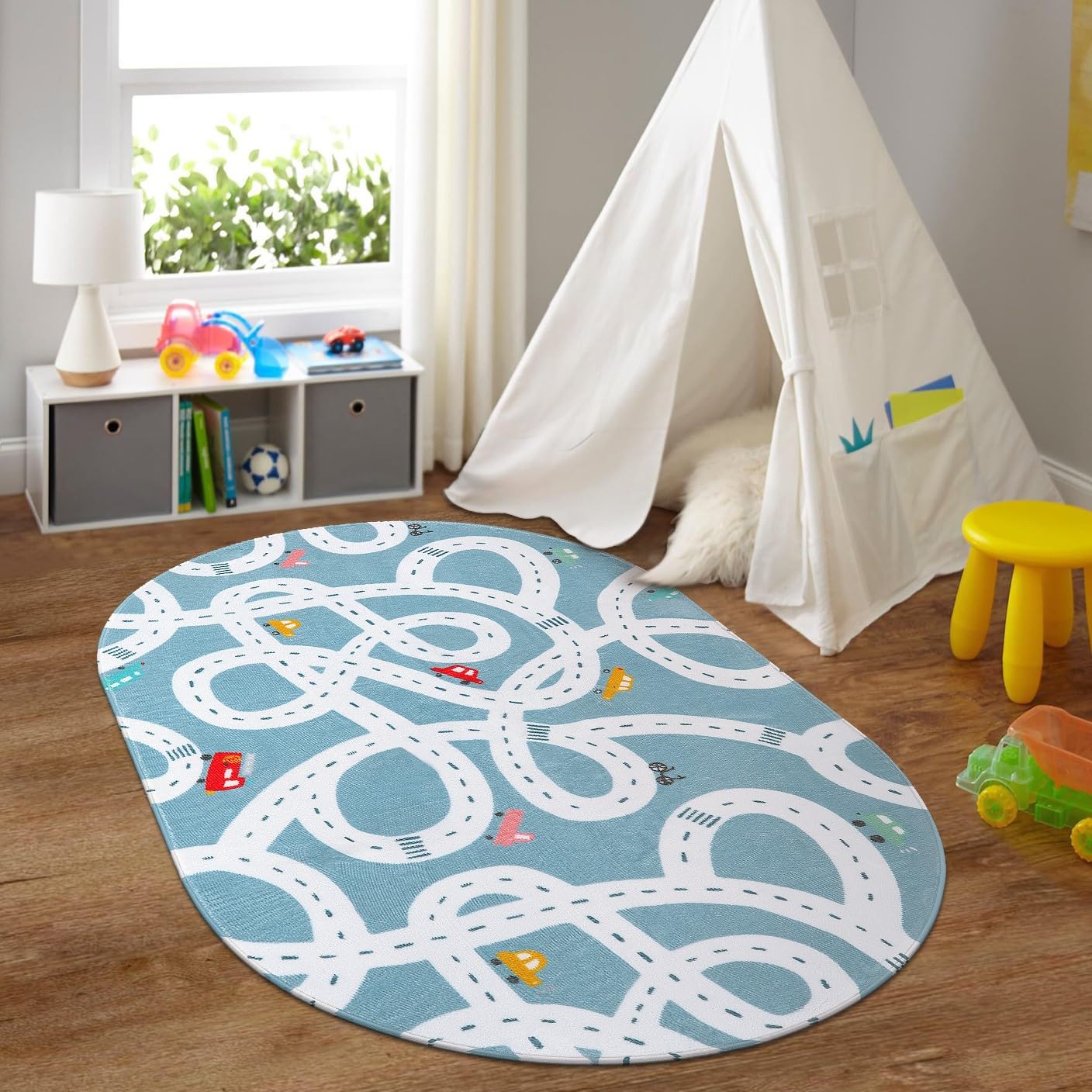 LIVEBOX Large Washable Kids Rug, 4'x6' Non-Slip Car Road Rug for Playroom, Fun Kids Room Rugs for Bedroom, Blue Road Carpet Indoor Kids Play Mat for Toy Room Toddler Room Classroom