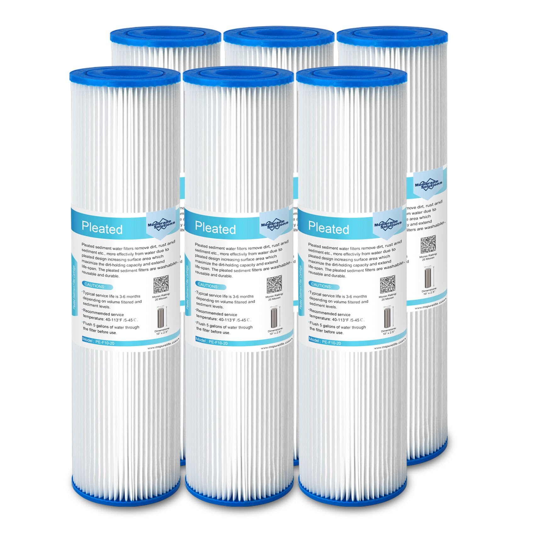 Membrane Solutions20 Micron Pleated Polyester Sediment Water Filter 10"x2.5" Replacement Cartridge Universal Whole House Pre-Filter Compatible with W50PE, WFPFC3002, SPC-25-1050, FM-50-975 - 6 Pack