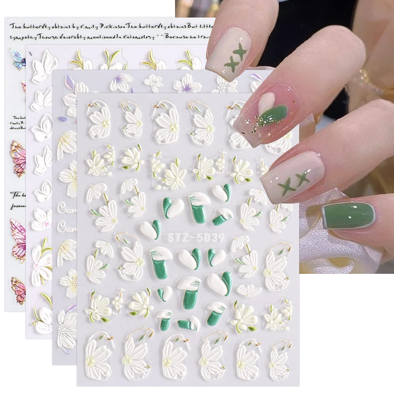 JMEOWIO 3D Embossed Spring Butterfly Nail Art Stickers Decals Self-Adhesive 5D Summer Flower Floral Nail Supplies Nail Art Design Decoration Accessories 4 Sheets