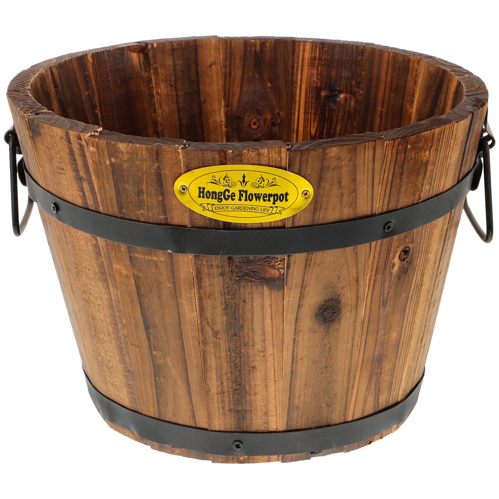 HEMOTON Wood Flower Bucket Large Outdoor Planter Medium Garden Wooden Effect Planter, Outdoor Half Whiskey Cask Flower Pot, Indoor Rustic Patio Grow Plant Container Large Indoor Planters