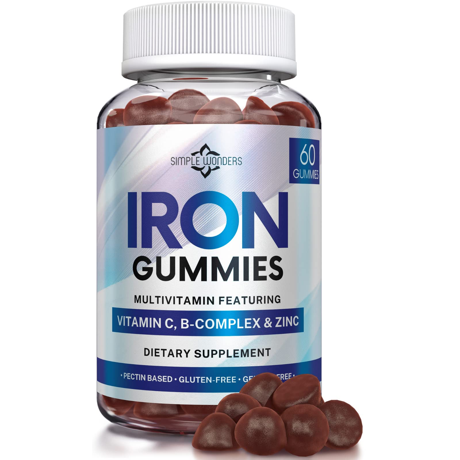 SIMPLE WONDERSIron Gummies for Women, Men & Kids - Iron Supplement with Vitamin C, A, Vitamins B Complex, Biotin & Zinc - Multivitamin Chewable Iron Gummies