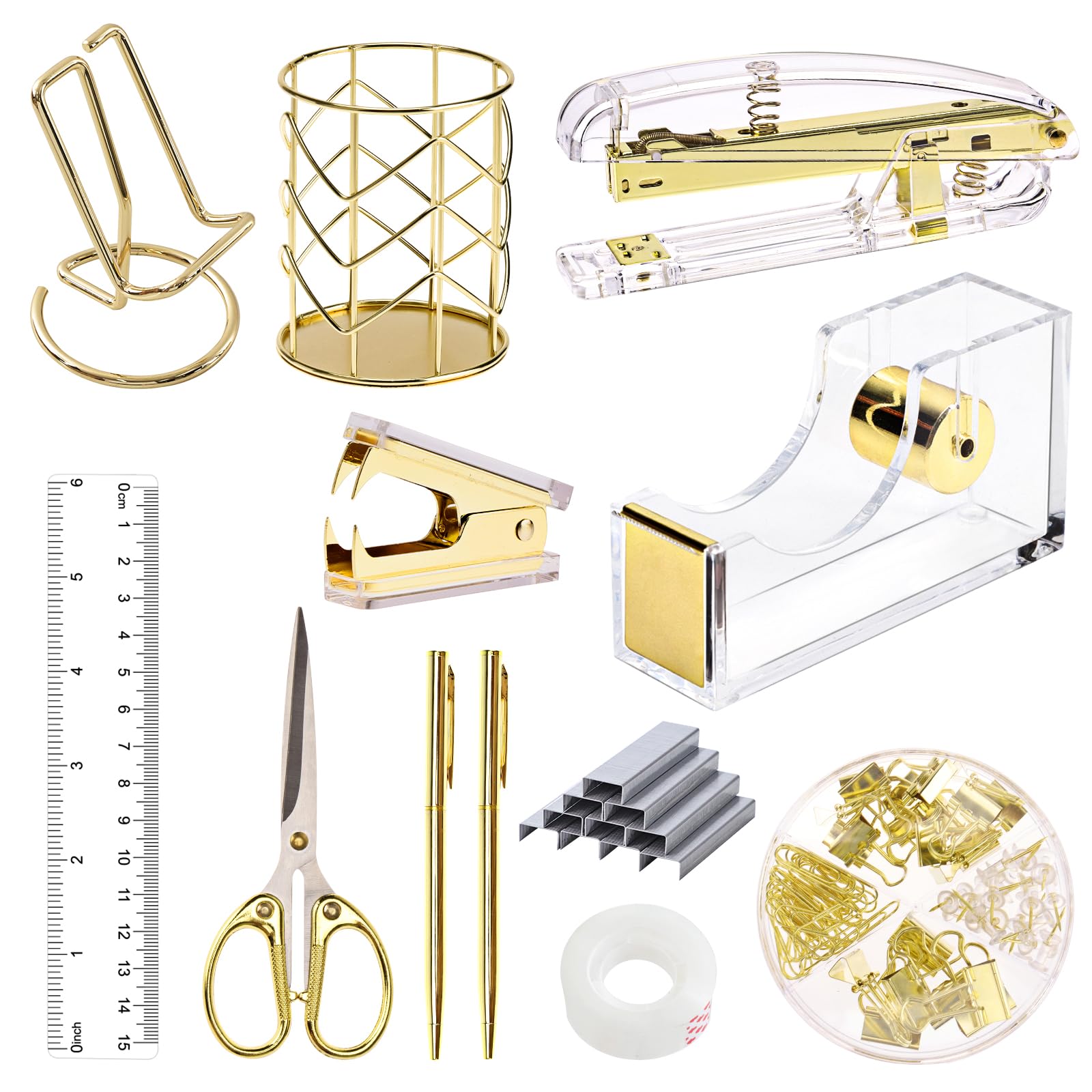 EOOUT Gold Office Supplies Set Desk Accessories, Acrylic Stapler Set Staple Remover, Phone Holder, Tape Holder, Pen Holder, 2 Ballpoint Pen, Scissor, Binder Clips, Ruler, Transparent Glue and Staples.