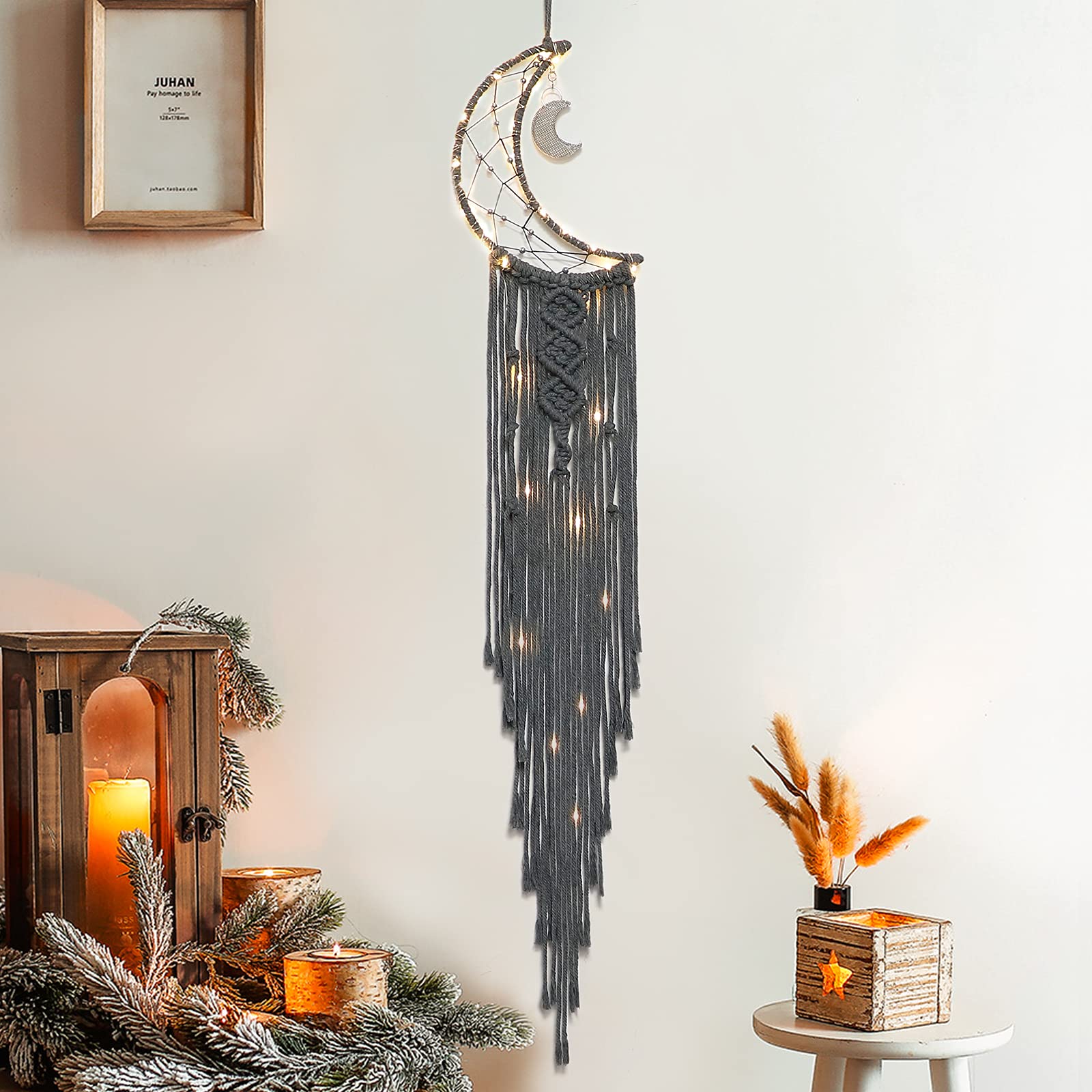 Dremisland Macrame Wall Hanging with LED Light,Moon Dream Catcher Woven Wall Tapestry Bohemian Home Decor for Room Wedding Party Ornaments Craft Gifts