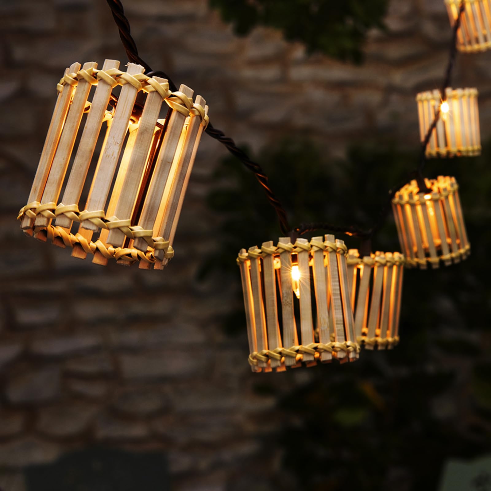 Decorative String Lights, 10 Incandescent Mini Bulbs with Natural Bamboo Woven Lampshade, 8.5Ft Connectable Waterproof Outdoor Lantern String Lights, Perfect for Patio, Garden Balcony, Pergola, Porch