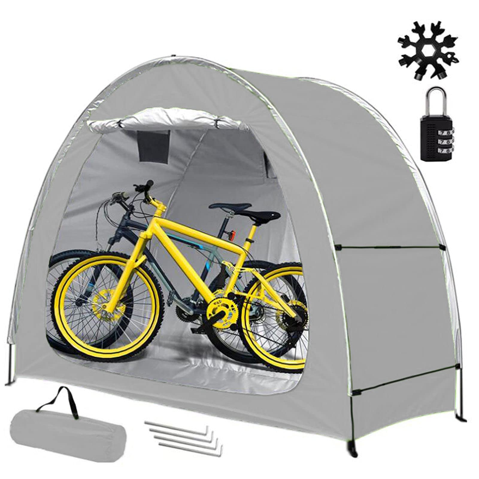 HHUK Bicycle Tent Cover,Bike Storage Shed,Portable Outdoor Waterproof Tents Bicycle Shelter with A Snowflake Tool and Combination Lock,for Store 2 Bikes or Tricycle or Gardening Tools (Silver Gray)