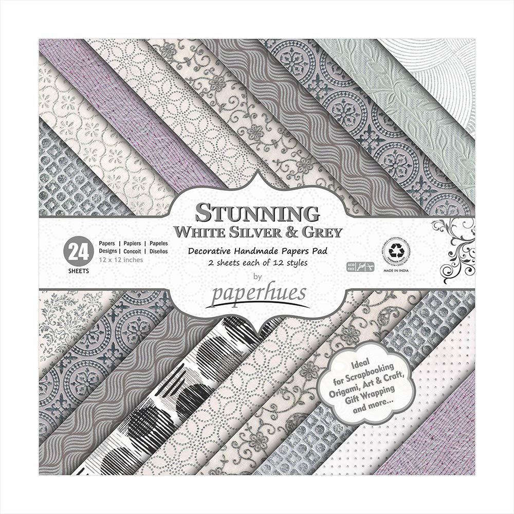 Paperhues Stunning White Silver Grey Handmade Scrapbook Paper 12 x 12" Pad, 24 Sheets (2 sheets each of 12 styles)