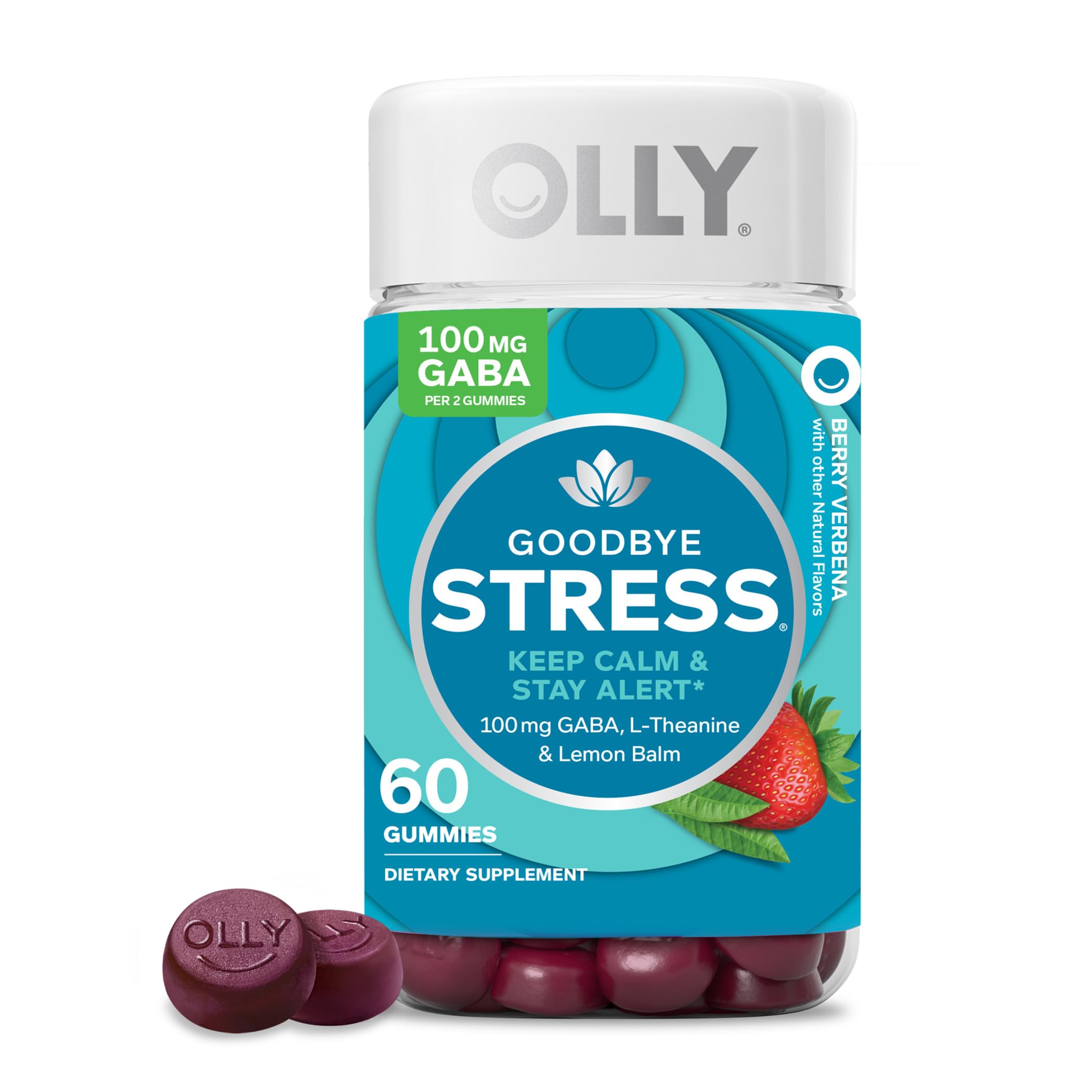 OLLY Goodbye Stress Gummy, GABA, L-Theanine, Lemon Balm, Stress Relief Supplement, Berry, 60 Count