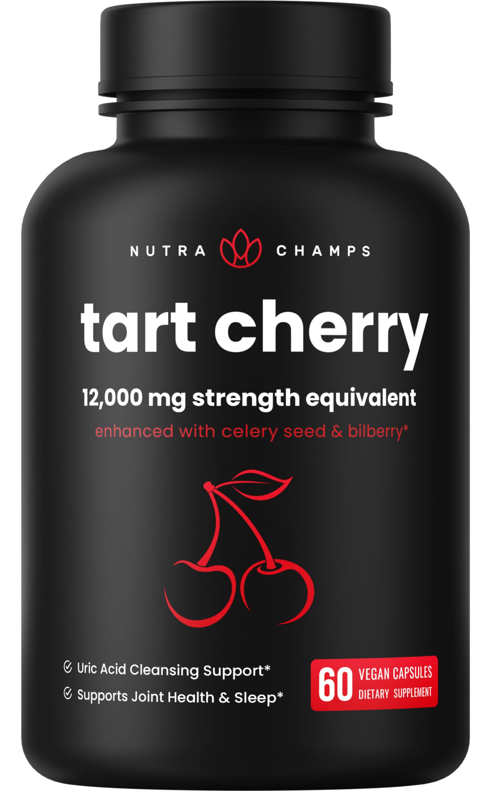 NutraChamps Organic Tart Cherry Extract Capsules 12,000mg - Made from Montmorency Tart Cherry Concentrate, Celery Seed & Bilberry - Uric Acid Cleanse & Joint Support - Vegan Tart Cherry Capsules