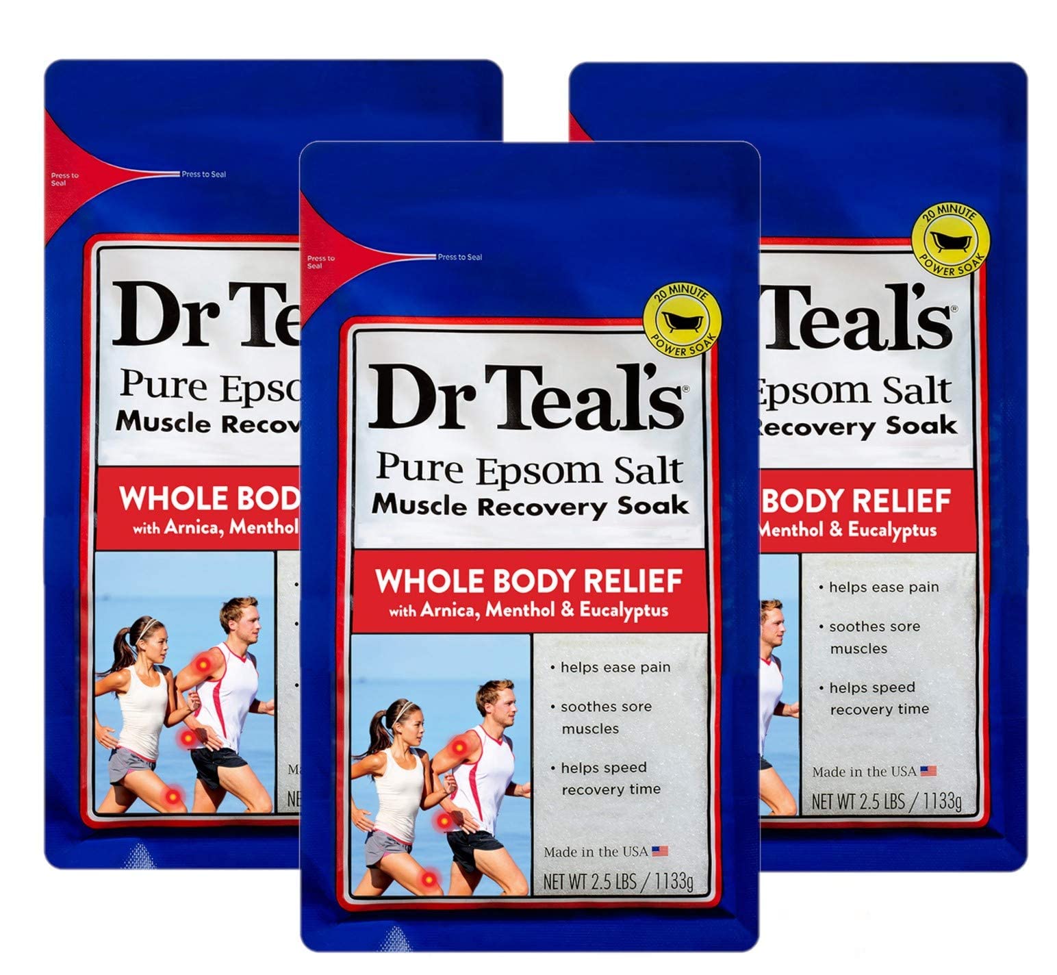 Dr. Teal's Pain Relief Soaking Solution Gift Set (3 Pack, 2.5lbs ea.) - Muscle Recovery Soak - Whole Body Relief with Arnica, Menthol, Eucalyptus - Soothes Aches, Speeds Up Recovery Time