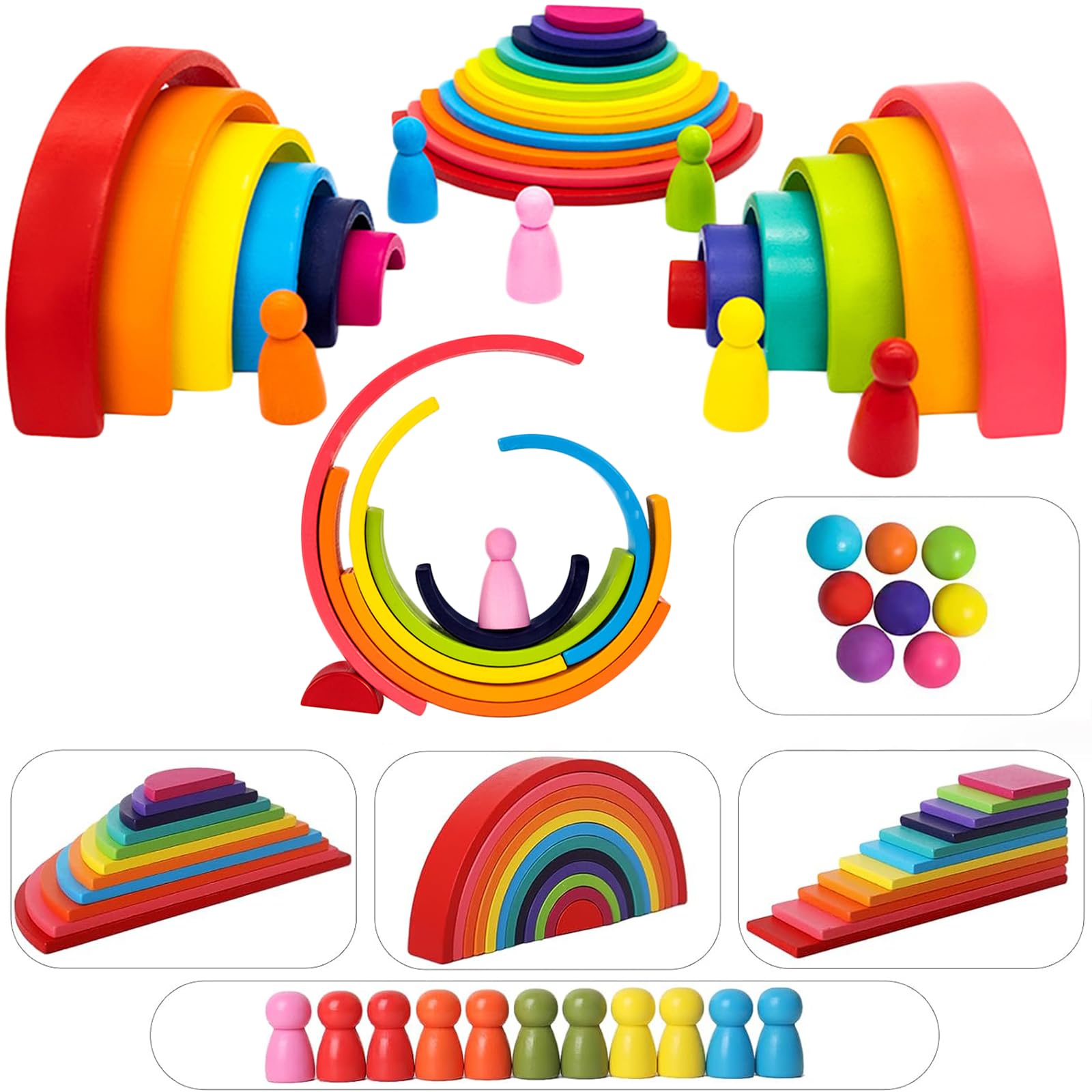 Wooden Rainbow Stack Set, 5-in-1 Building Blocks Toys, Wooden Stacking Blocks for Toddlers 1-3, Wooden Montessori Toys for Kids 3, 4, 5, 6 Years, Preschoolers Early Development & Activity Toys