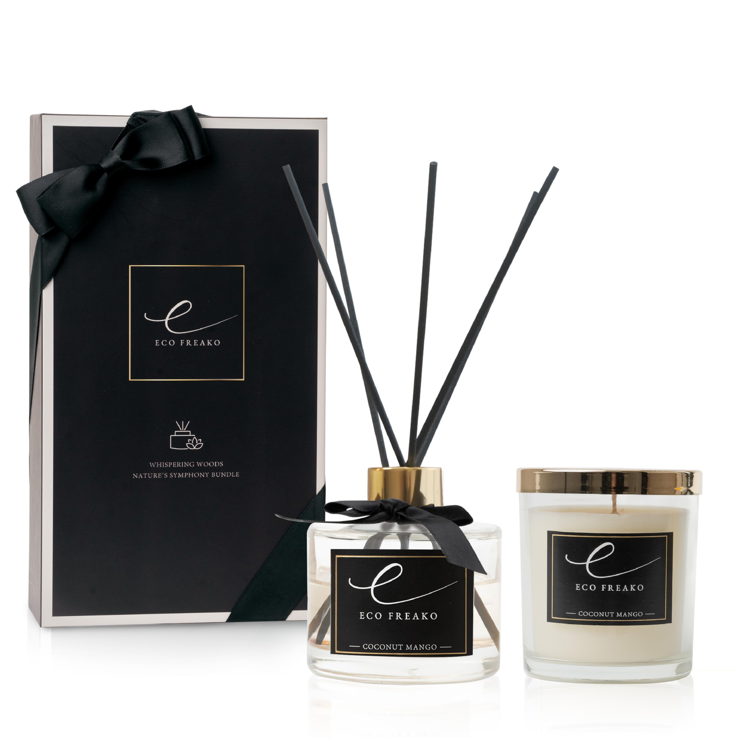 Eco Freako's Tropical Bliss: Coconut Mango Scented Candles and Reed Diffuser Set - Relaxation gifts for women & men. Soy wax Candle 60hours burn time, Essential oil Reed Diffuser last up to 6 months!