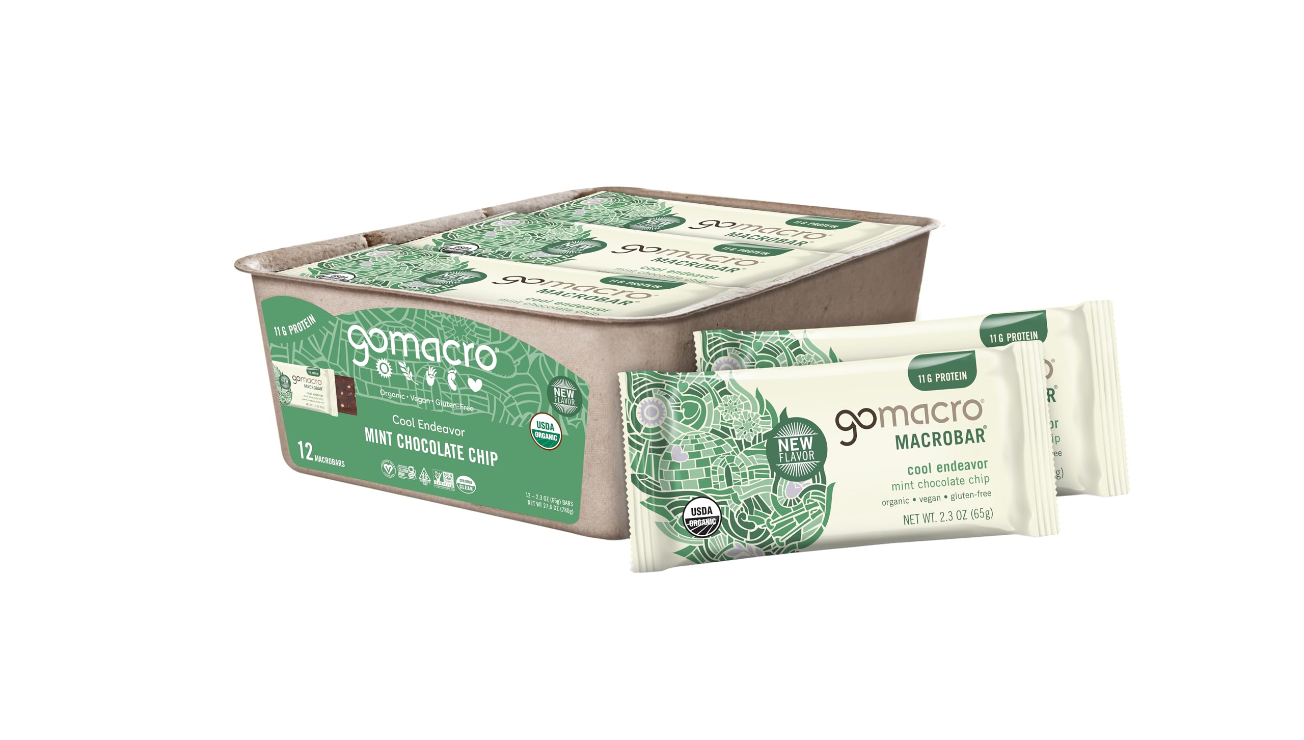 GoMacro MacroBar Organic Vegan Protein Bars - Mint Chocolate Chip, 2.3 Ounce Bars, (Pack of 12)