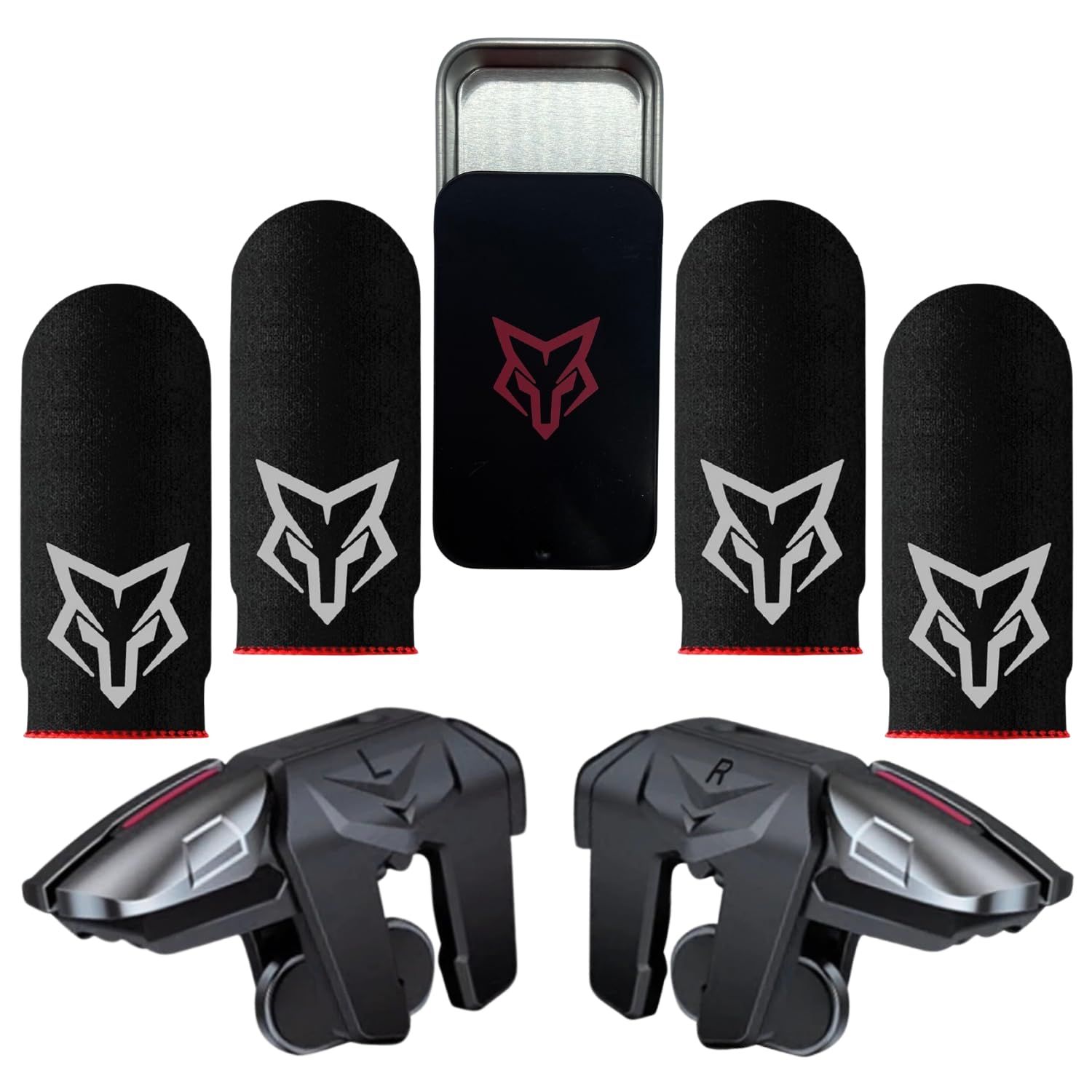 PUBG Mobile Gaming Combo: 6 Fingers Operation Gaming Triggers, 4 Sarafox Carbon Fibre Finger Sleeves, and Premium Metal Case -