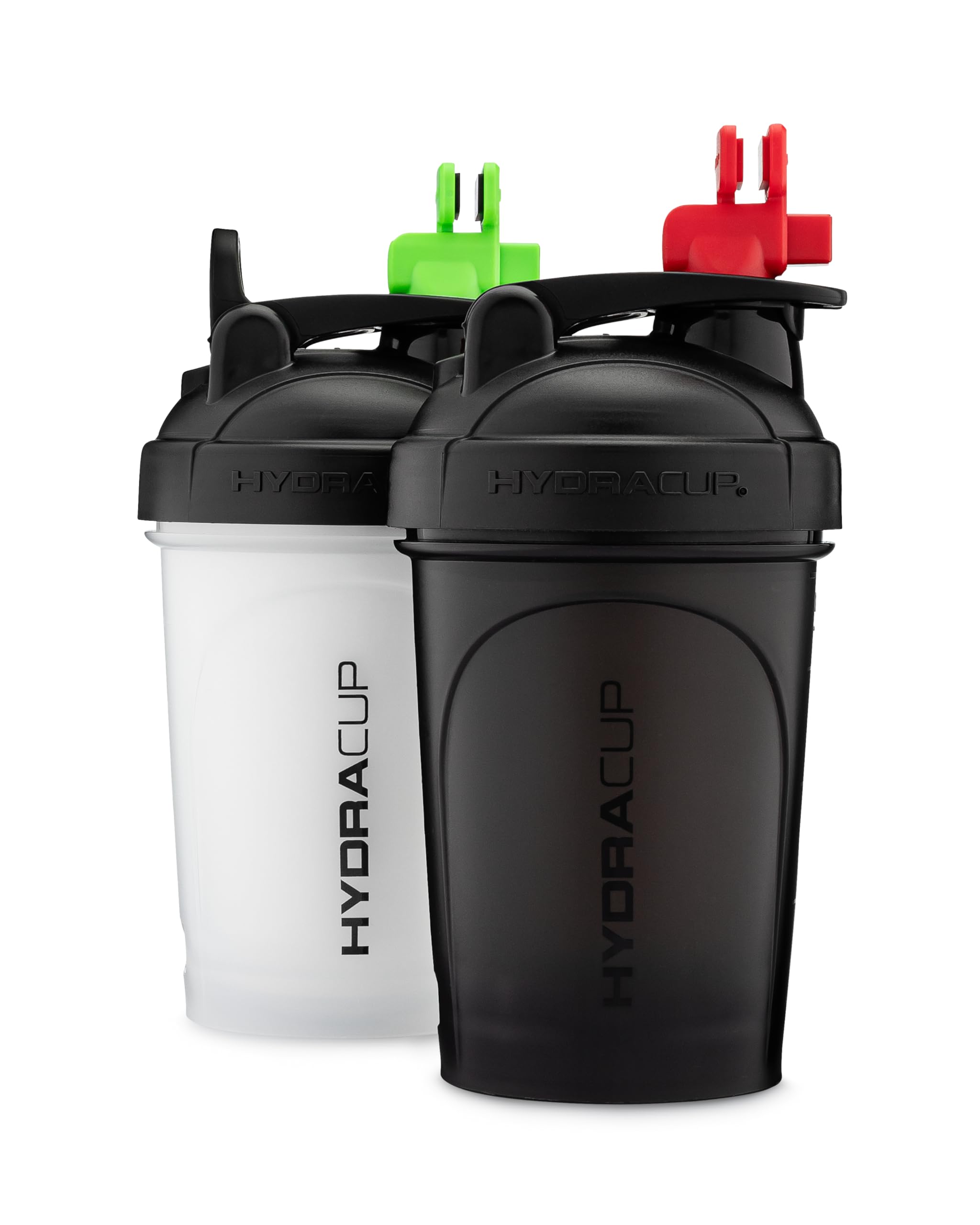 Hydra Cup PowerWhisk [2 Pack] Patented Whisk for Smooth Protein Shakes, 20 oz Shaker Bottles, Shaker Cup with Phone Holders, BPA Free (Black/Red & Clear/Green)