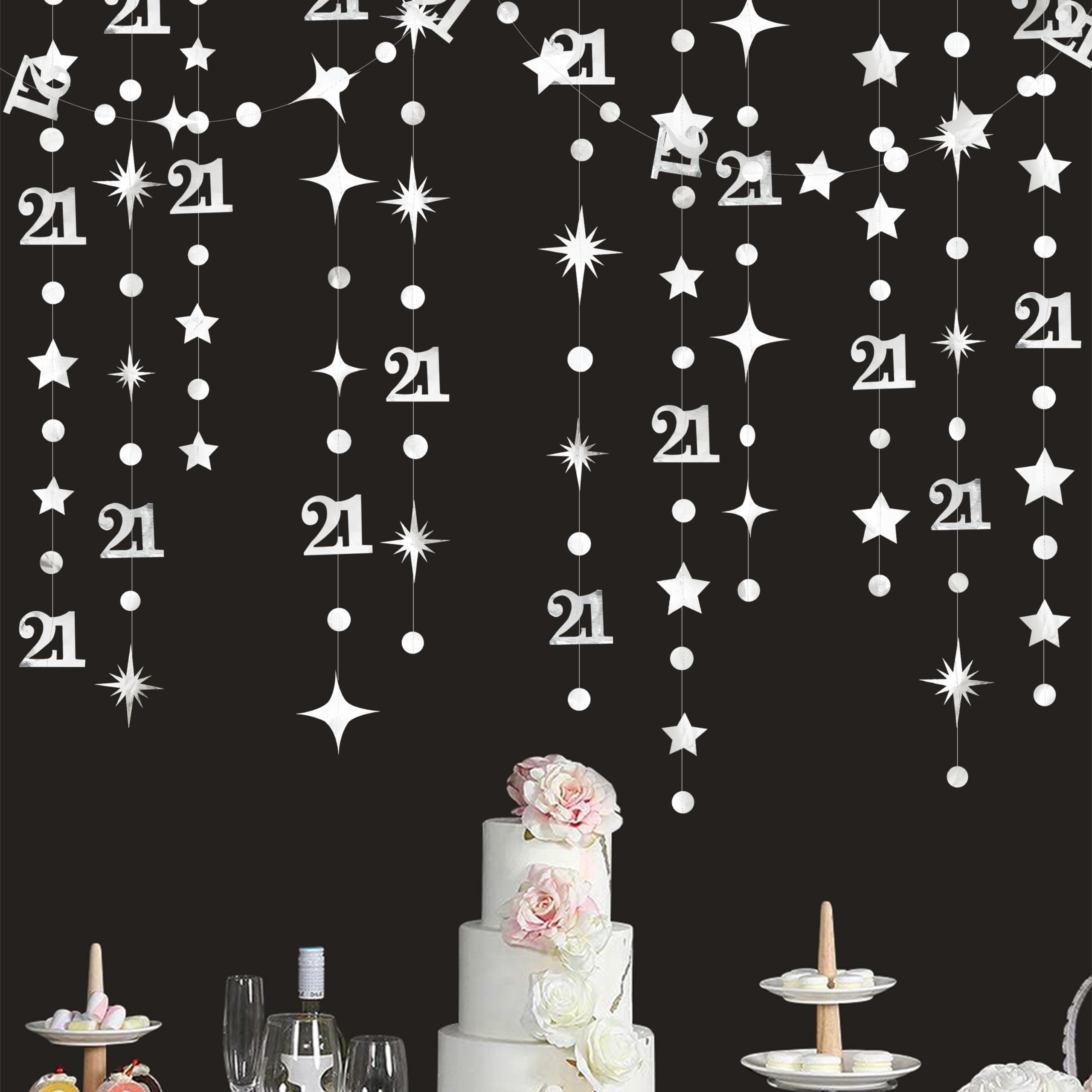 Silver 21st Birthday Decorations Number 21 Circle Dot Twinkle Star Garland Metallic Hanging Streamer Banner Backdrop for Girls Boys Cheers to 21 Years Finally Legal Bday 21st Anniversary Party Decor