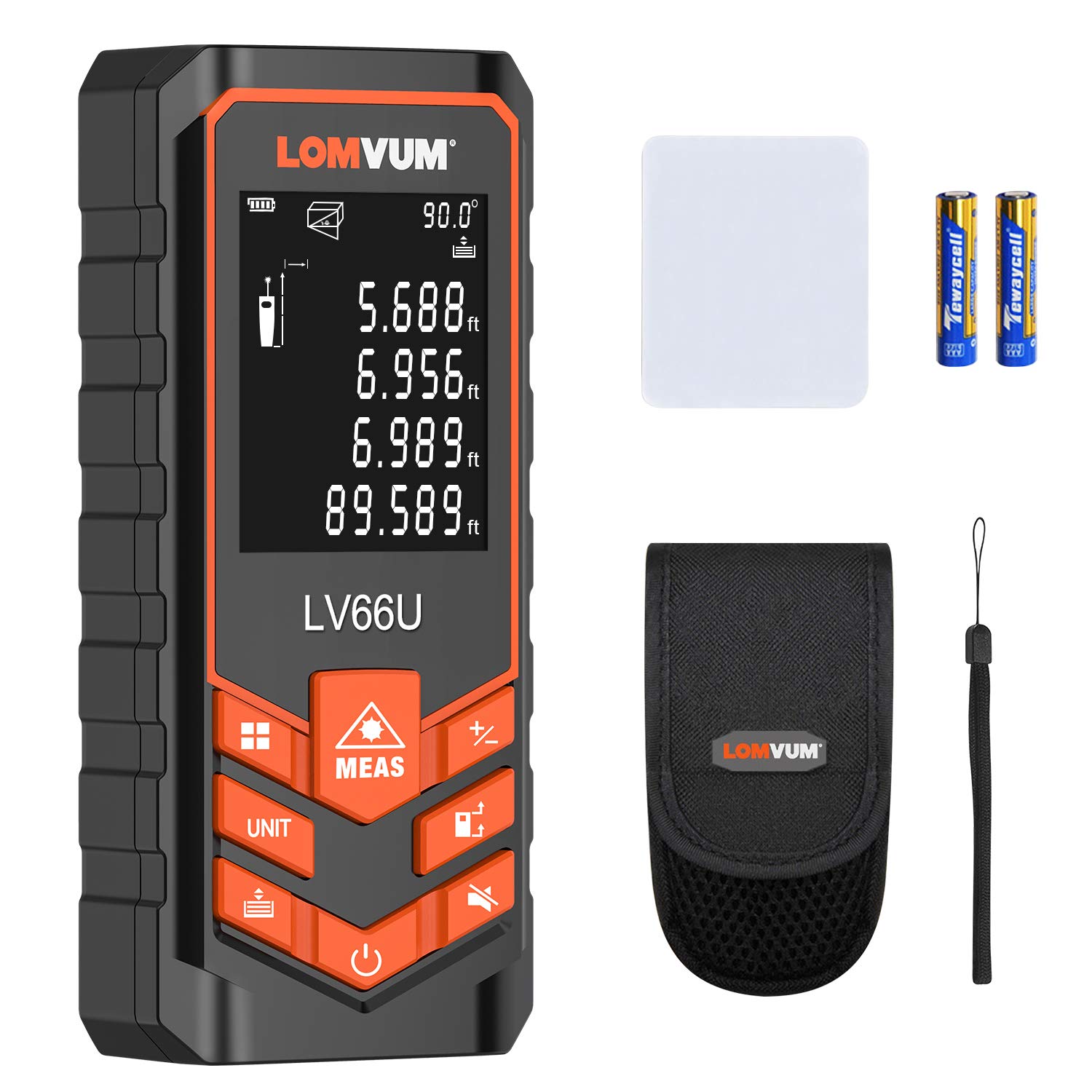 LOMVUM Laser Measure Mute Digital Laser Distance Meter with Backlit LCD and Pythagorean Mode, Measure Distance, Area and Volume - Carry Pouch and Battery Included