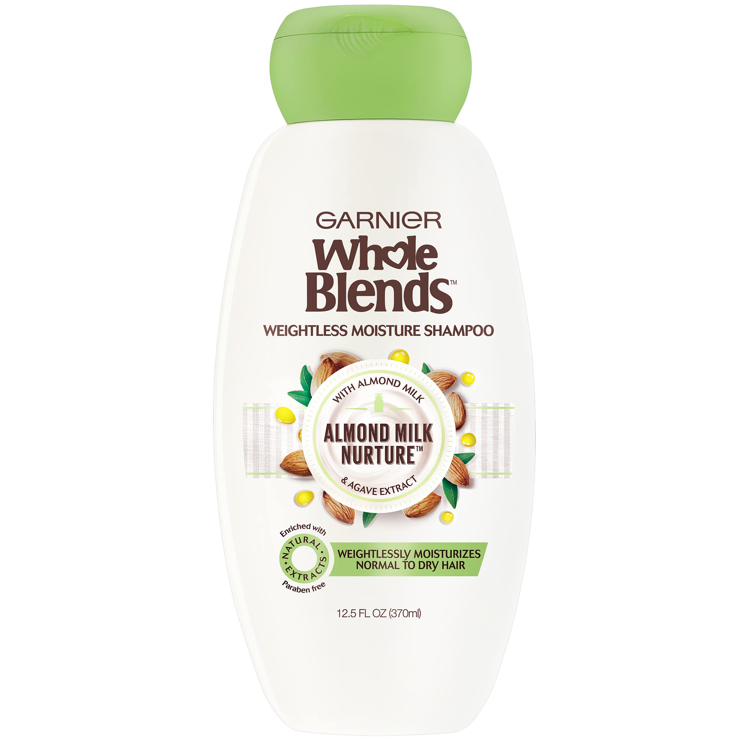 Garnier Whole Blends Nurturing Almond Milk and Agave Extract Weightless Moisture Shampoo for Normal to Dry Hair, Paraben Free, 12.5 fl. oz.