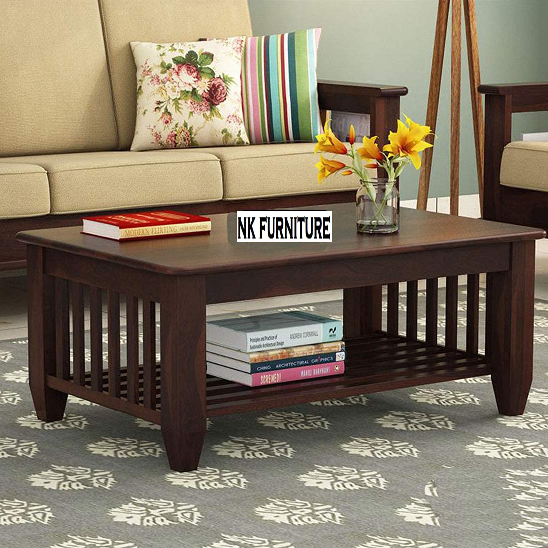 NK Furniture Sheesham Wood Coffee Table for Living Room | Wooden Center Table (Walnut Finish)