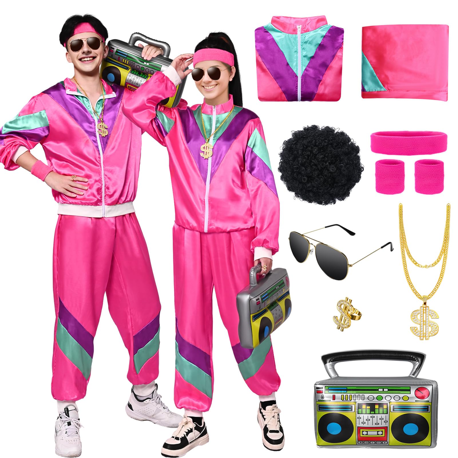 Amycute 80s Tracksuit Outfit for Men Women, 90s Retro Hip Hop Costumes Windbreaker Kit Shell Suit Halloween Party Dress