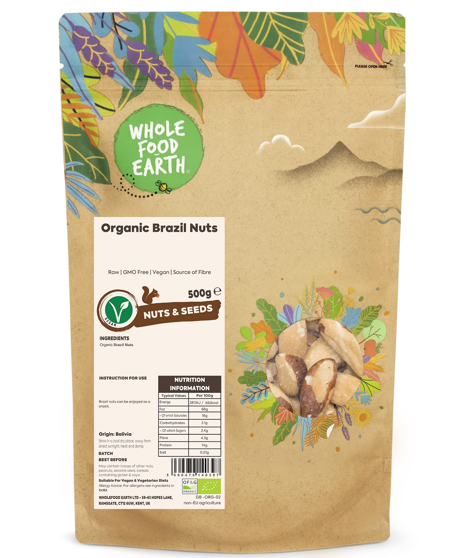 Wholefood Earth Organic Brazil Nuts – 500g | Raw | GMO Free | Vegan | Source of Fibre | Certified Organic